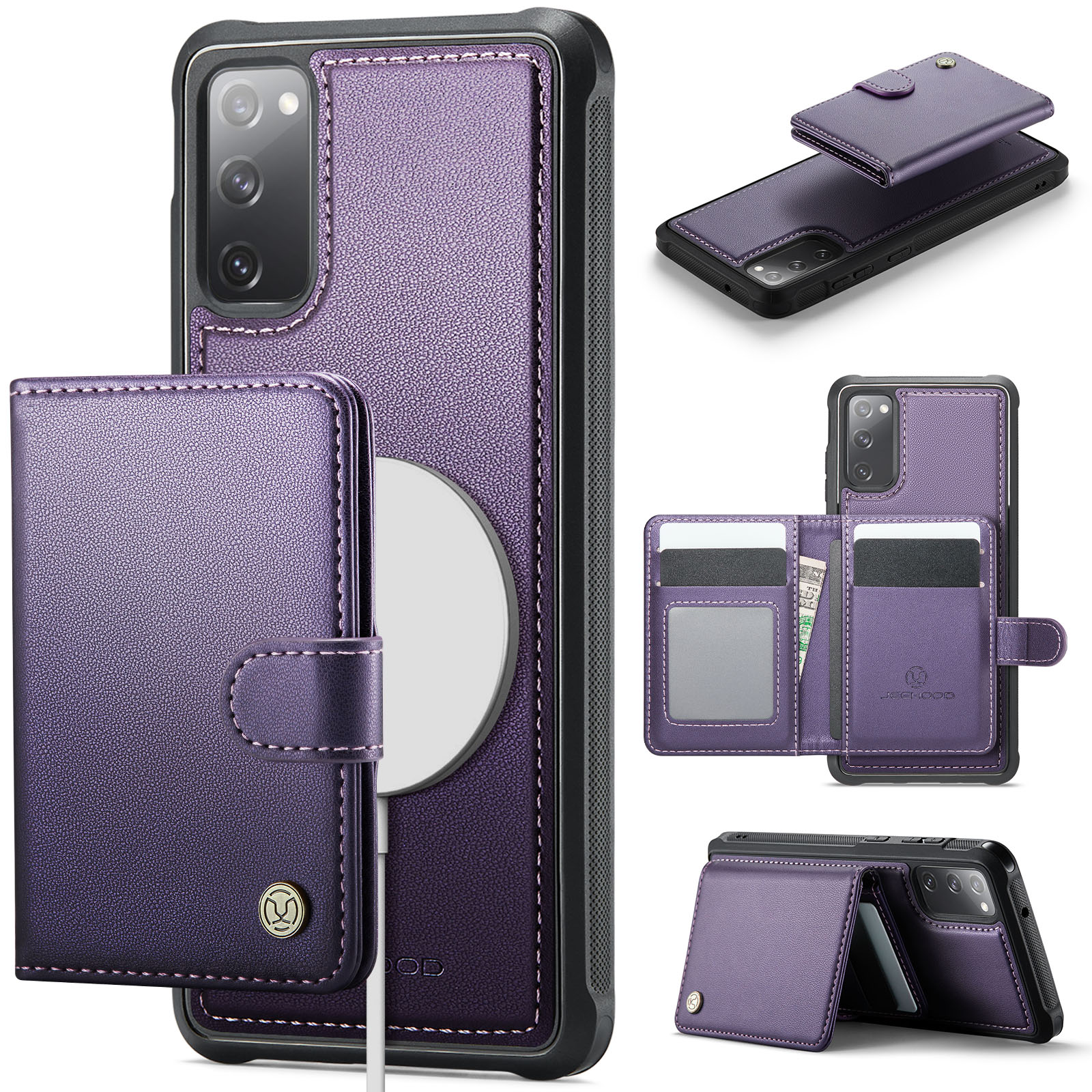 JEEHOOD For Samsung Galaxy S20 FE Case J09 RFID Blocking Card Holder Leather Back Phone Cover Magnetic Case - Purple