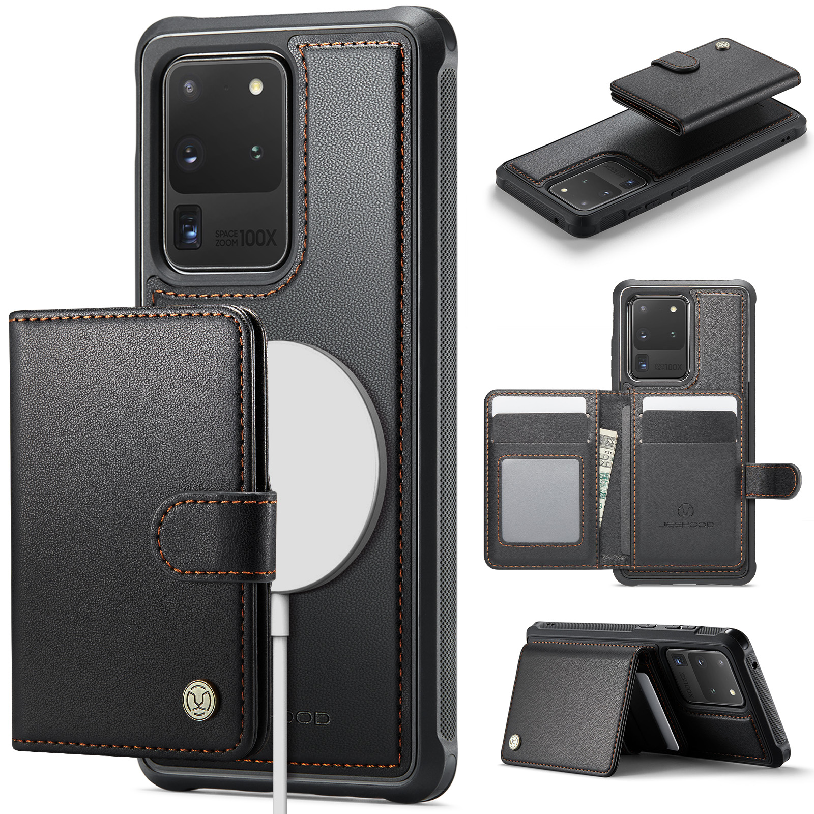 JEEHOOD For Samsung Galaxy S20 Ultra Case J09 RFID Blocking Card Holder Leather Back Phone Cover Magnetic Case - Black