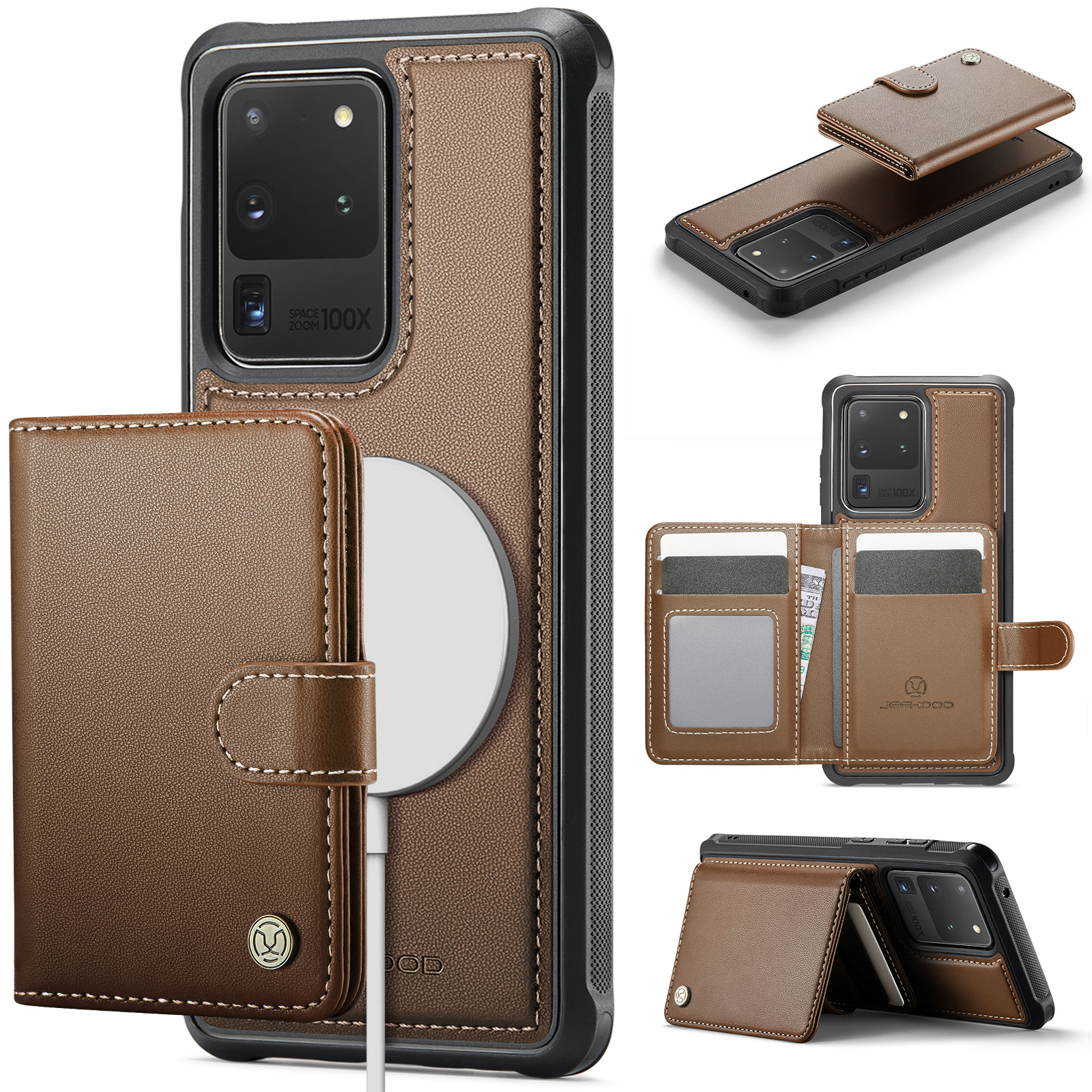 JEEHOOD For Samsung Galaxy S20 Ultra Case  J09 RFID Blocking Card Holder Leather Back Phone Cover Magnetic Case - Brown