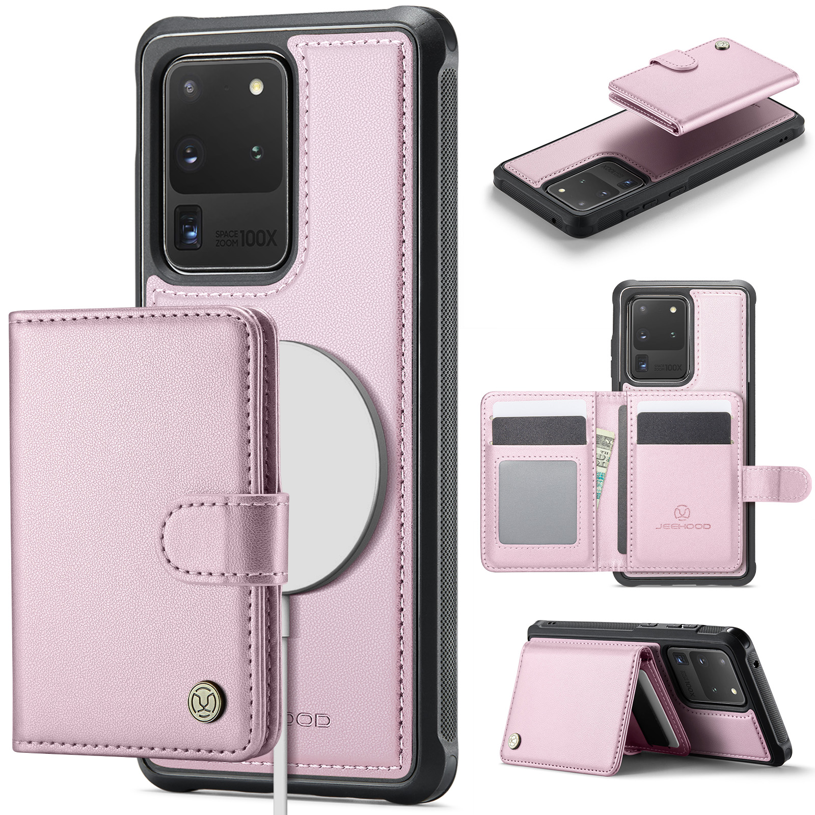 JEEHOOD For Samsung Galaxy S20 Ultra Case  J09 RFID Blocking Card Holder Leather Back Phone Cover Magnetic Case - Pink