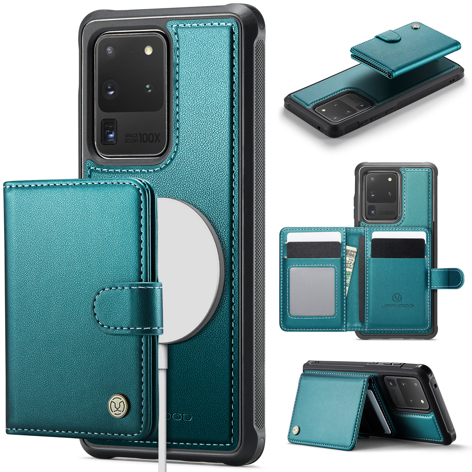 JEEHOOD For Samsung Galaxy S20 Ultra Case J09 RFID Blocking Card Holder Leather Back Phone Cover Magnetic Case - Green