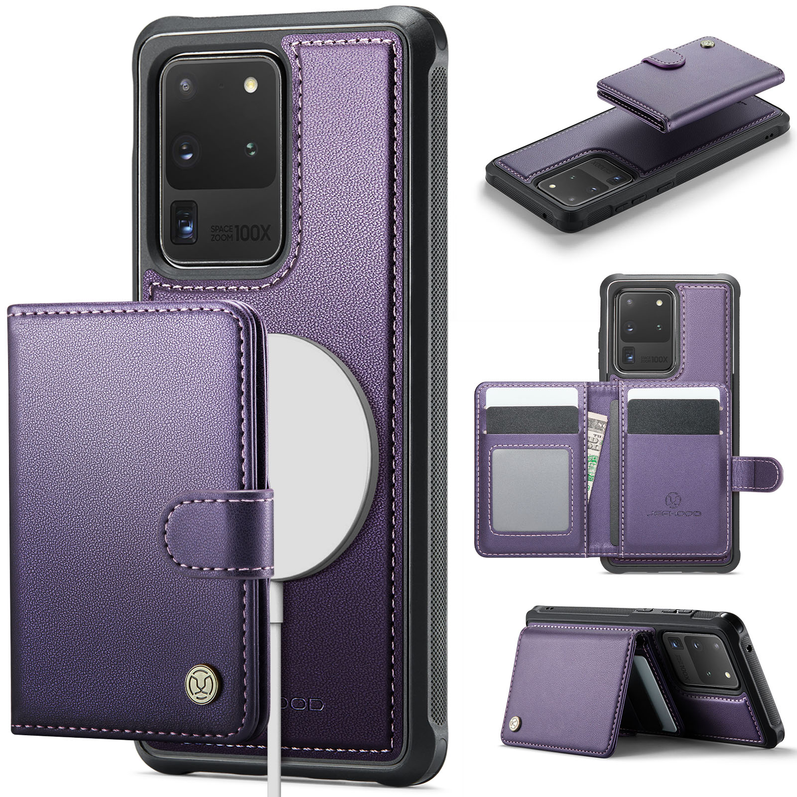 JEEHOOD For Samsung Galaxy S20 Ultra Case  J09 RFID Blocking Card Holder Leather Back Phone Cover Magnetic Case - Purple