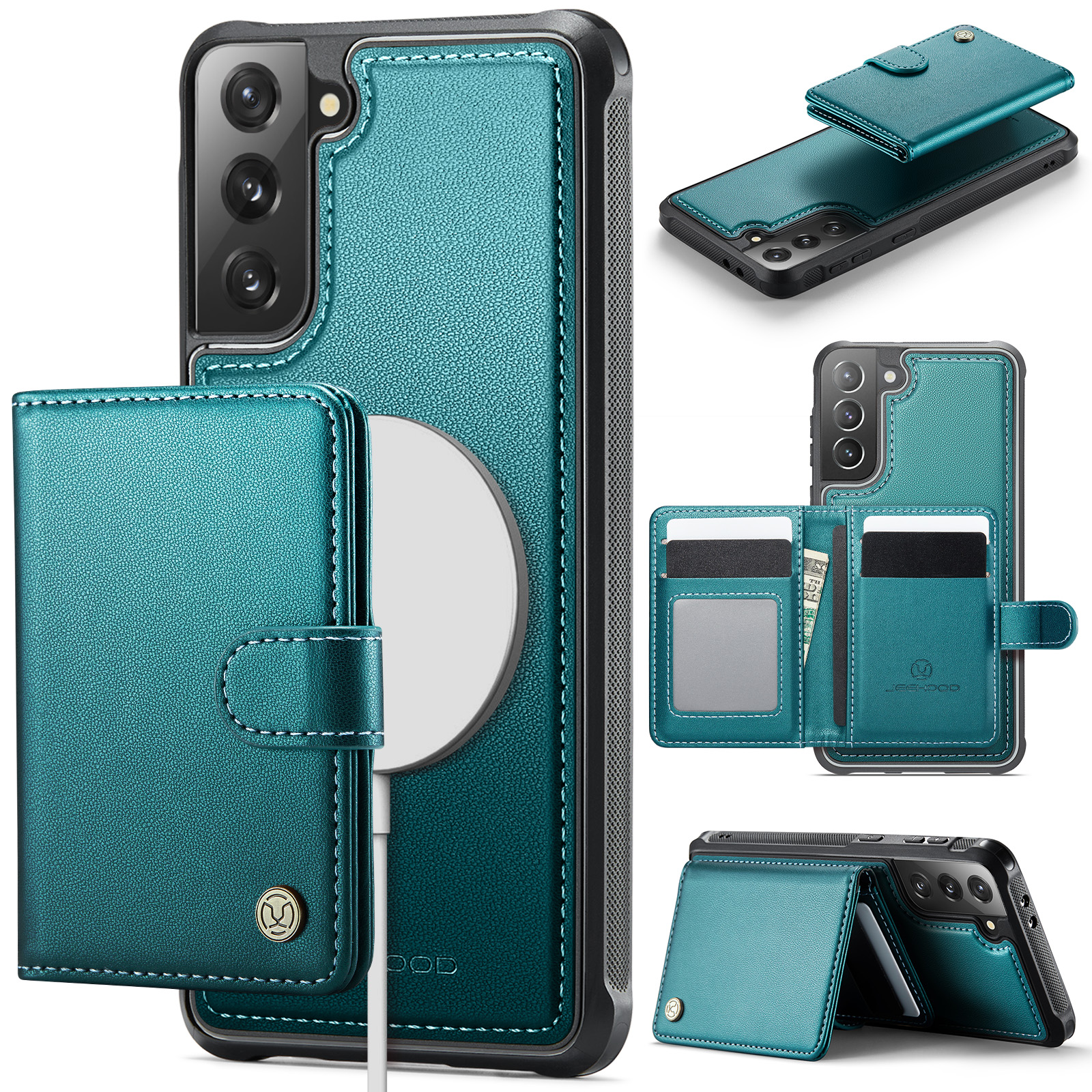 JEEHOOD For Samsung Galaxy S21+ 5G Case J09 RFID Blocking Card Holder Leather Back Phone Cover Magnetic Case - Green