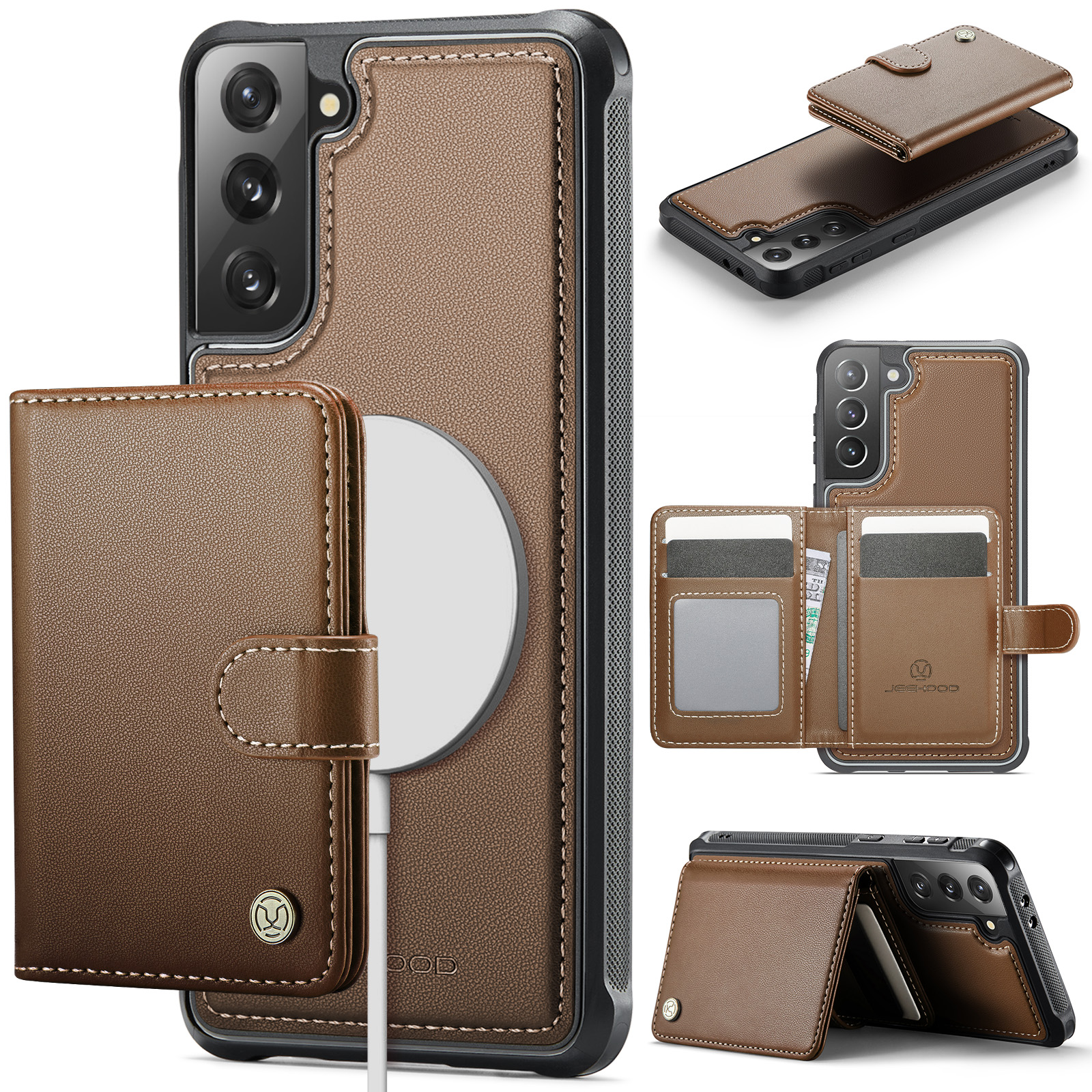 JEEHOOD For Samsung Galaxy S21+ 5G Case J09 RFID Blocking Card Holder Leather Back Phone Cover Magnetic Case - Brown