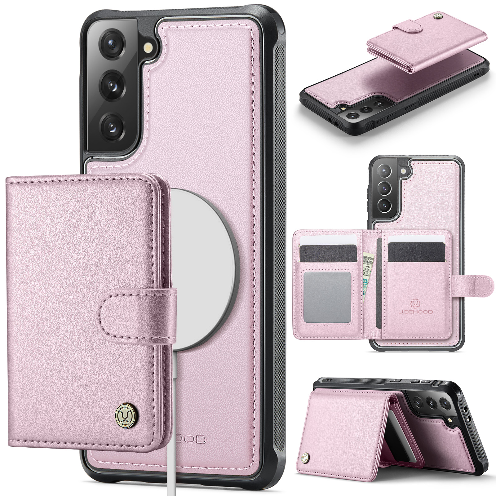 JEEHOOD For Samsung Galaxy S21+ 5G Case J09 RFID Blocking Card Holder Leather Back Phone Cover Magnetic Case - Pink