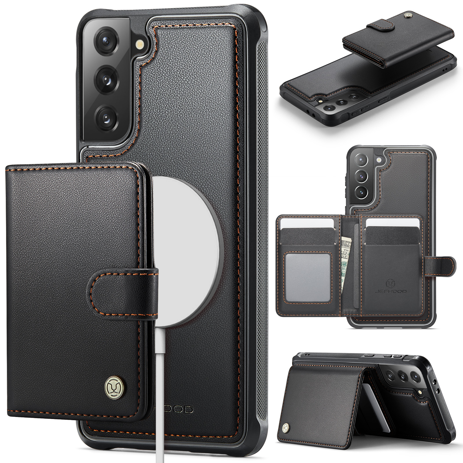 JEEHOOD For Samsung Galaxy S21+ 5G Case J09 RFID Blocking Card Holder Leather Back Phone Cover Magnetic Case - Black