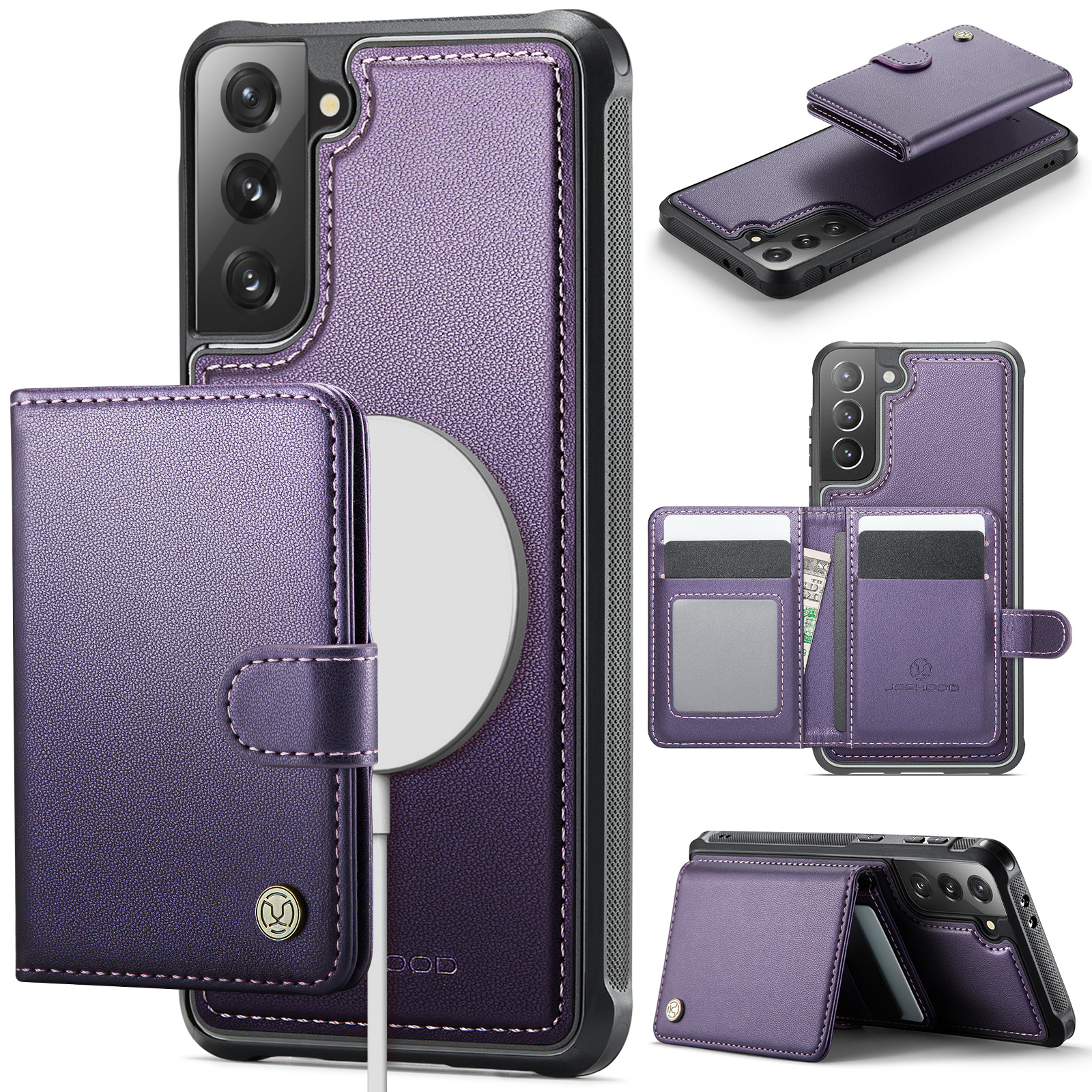JEEHOOD For Samsung Galaxy S21+ 5G Case J09 RFID Blocking Card Holder Leather Back Phone Cover Magnetic Case - Purple