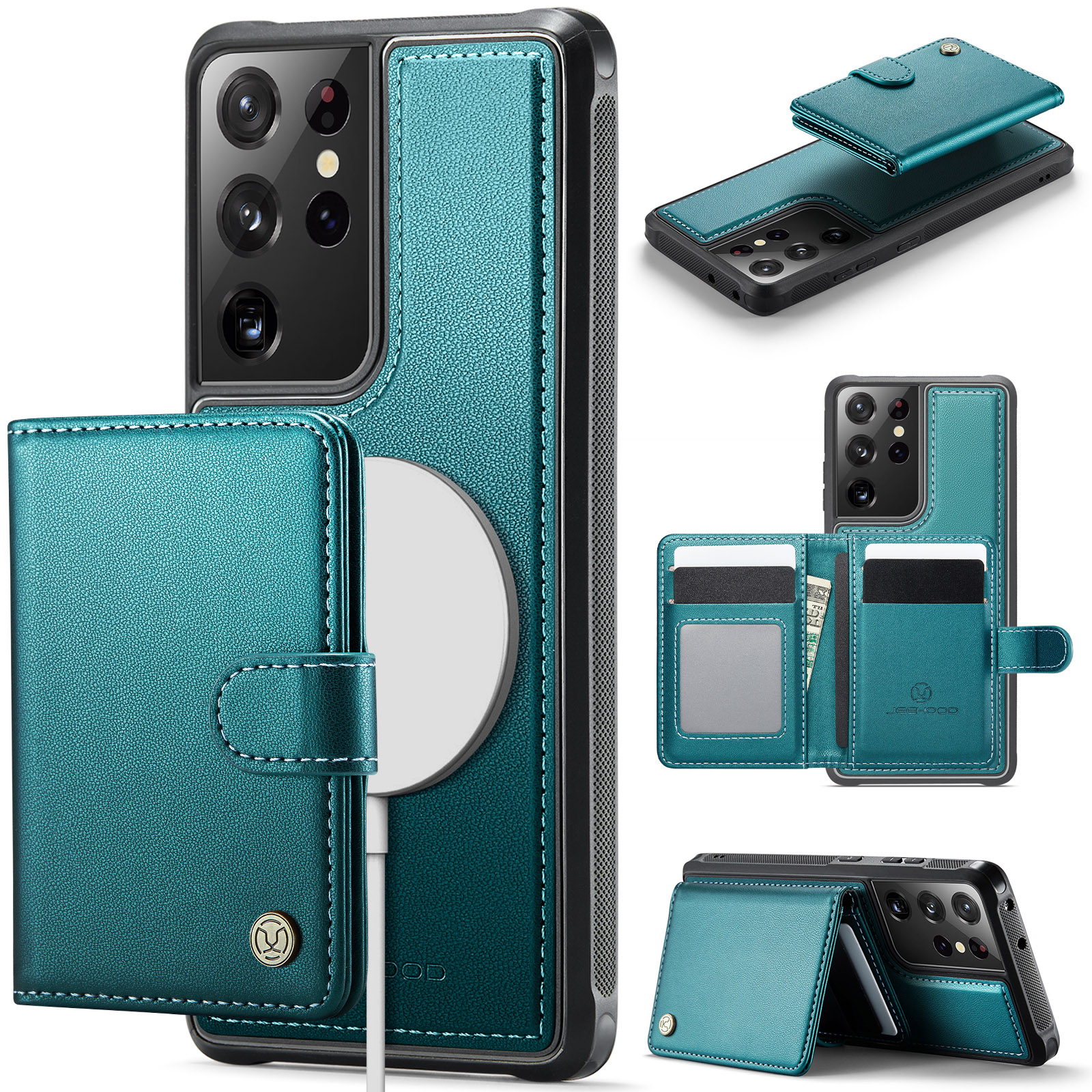 JEEHOOD For Samsung Galaxy S21 Ultra 5G Case J09 RFID Blocking Card Holder Leather Back Phone Cover Magnetic Case - Green