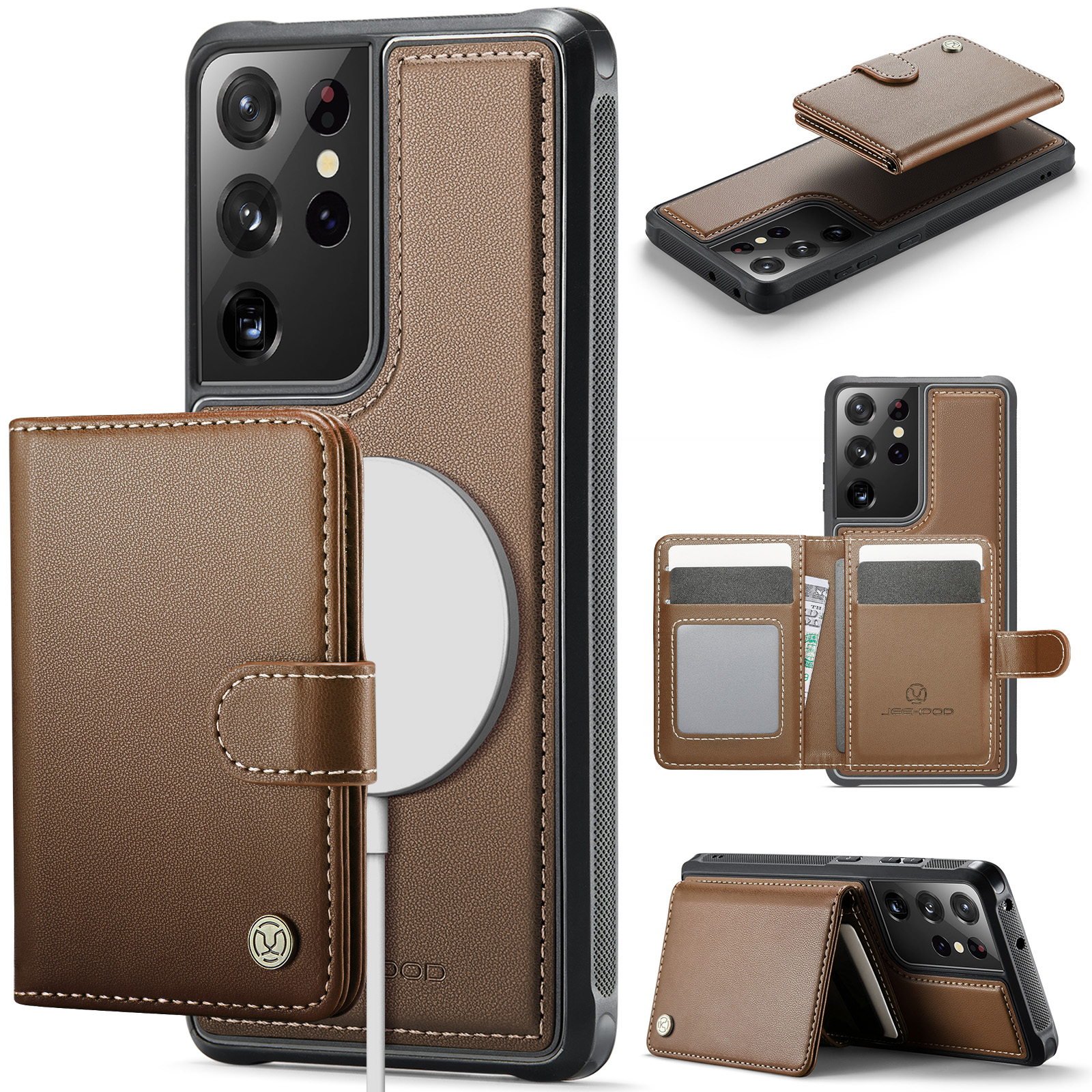 JEEHOOD For Samsung Galaxy S21 Ultra 5G Case  J09 RFID Blocking Card Holder Leather Back Phone Cover Magnetic Case - Brown