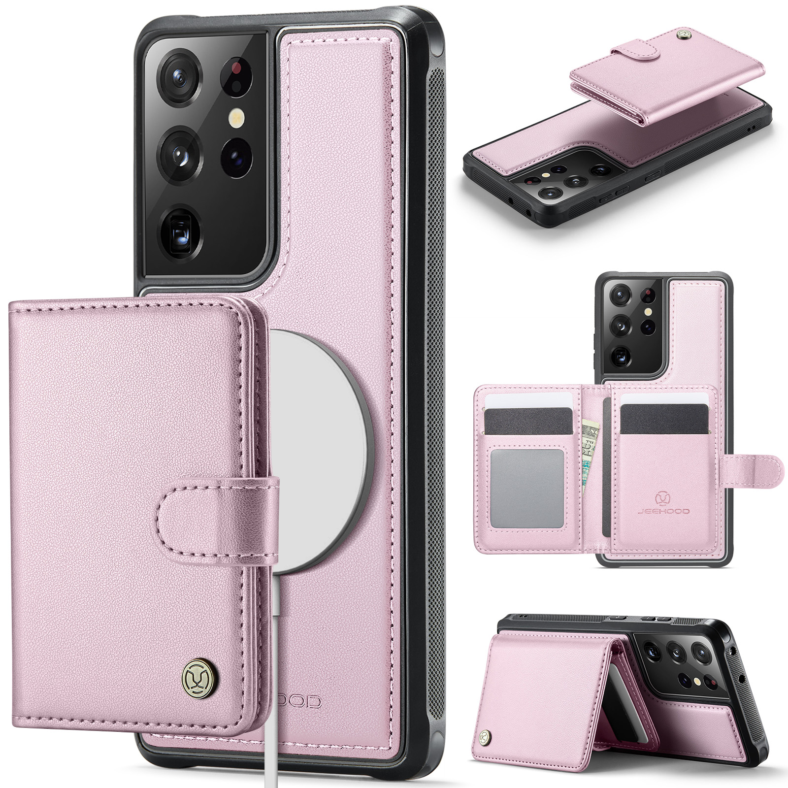 JEEHOOD For Samsung Galaxy S21 Ultra 5G Case  J09 RFID Blocking Card Holder Leather Back Phone Cover Magnetic Case - Pink