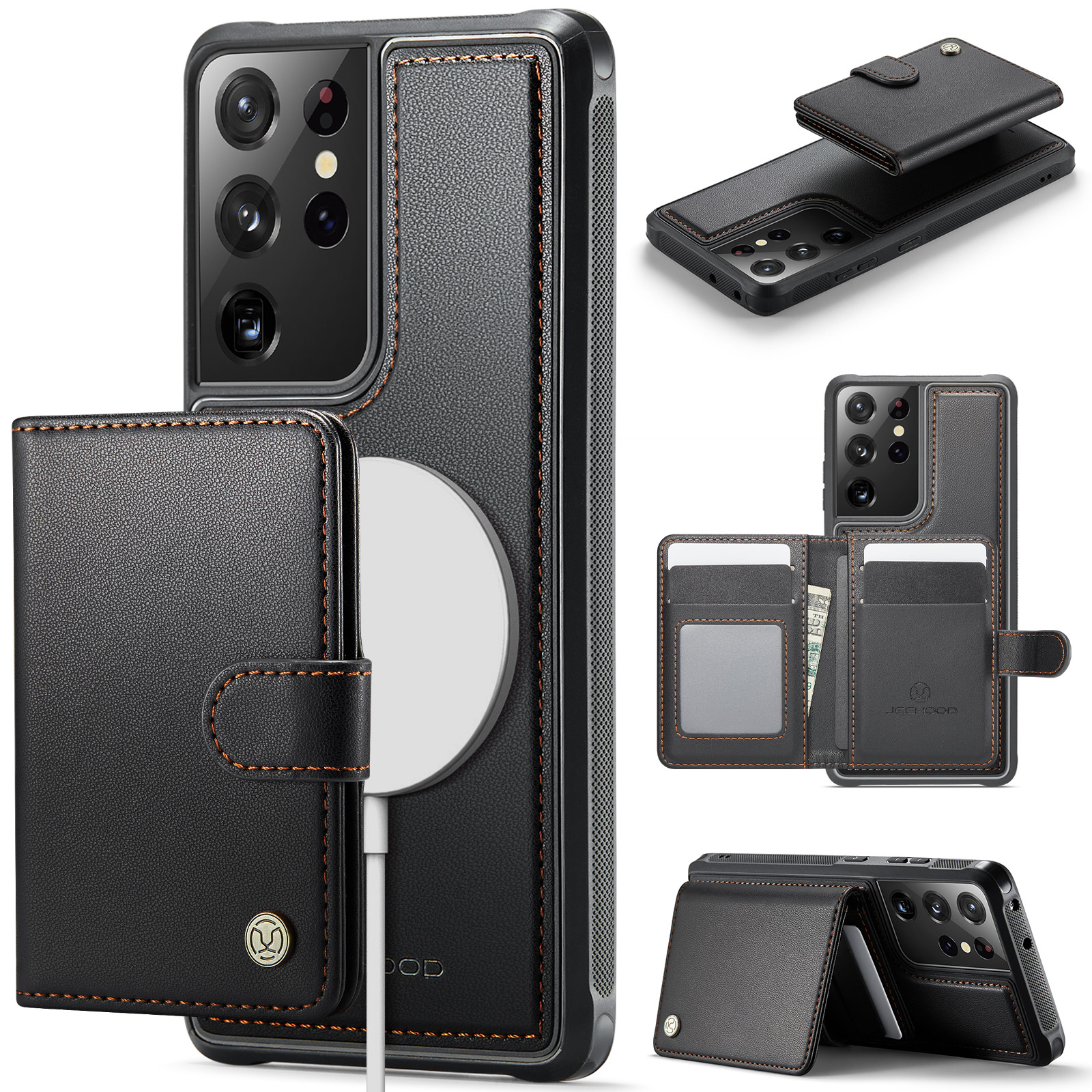 JEEHOOD For Samsung Galaxy S21 Ultra 5G Case  J09 RFID Blocking Card Holder Leather Back Phone Cover Magnetic Case - Black