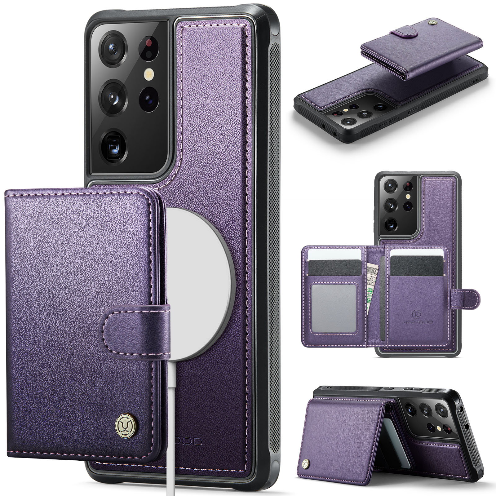 JEEHOOD For Samsung Galaxy S21 Ultra 5G Case  J09 RFID Blocking Card Holder Leather Back Phone Cover Magnetic Case - Purple