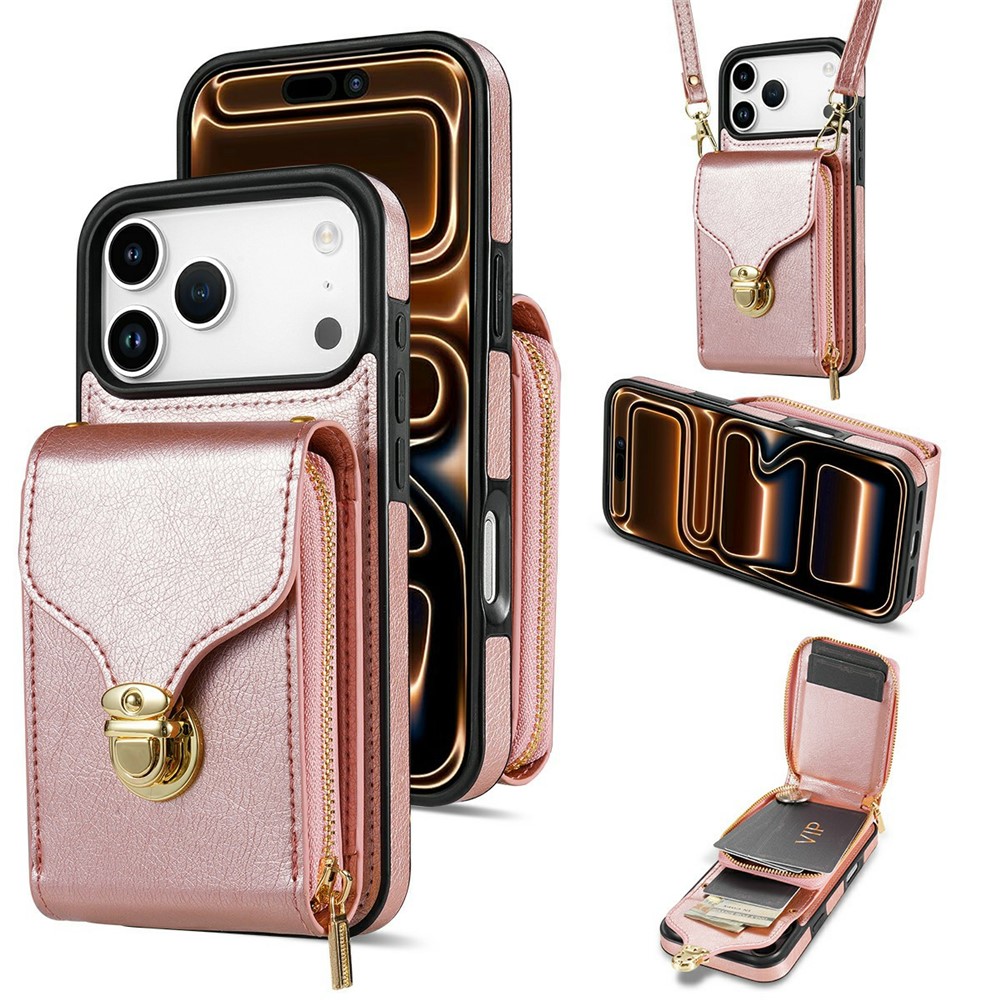 For iPhone 17 Pro Max Case Zipper Wallet Leather + TPU Phone Cover with Strap - Rose Gold