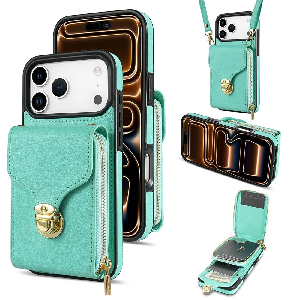For iPhone 17 Pro Max Case Zipper Wallet Leather + TPU Phone Cover with Strap - Mint Green