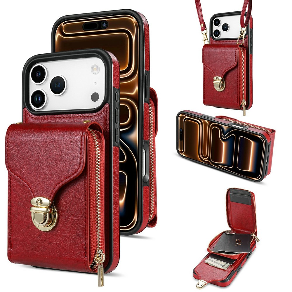 For iPhone 17 Pro Max Case Zipper Wallet Leather + TPU Phone Cover with Strap - Red