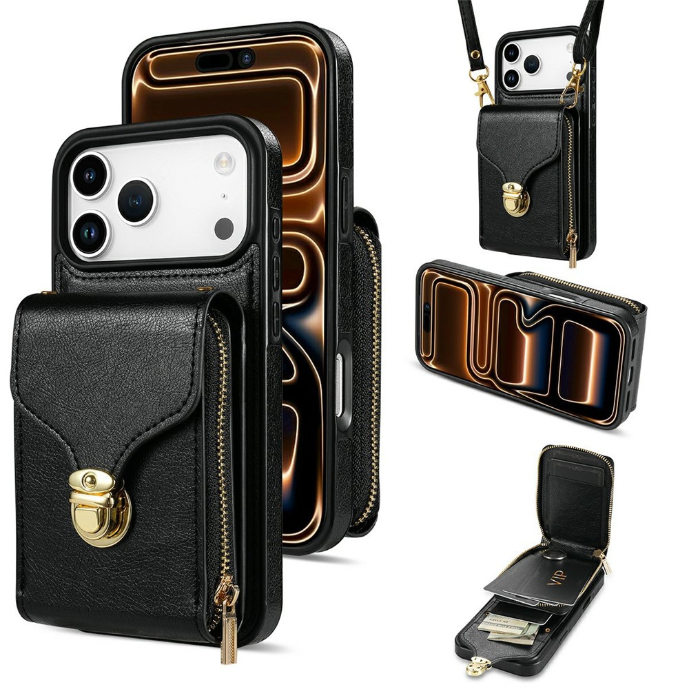 For iPhone 17 Pro Max Case Zipper Wallet Leather + TPU Phone Cover with Strap - Black