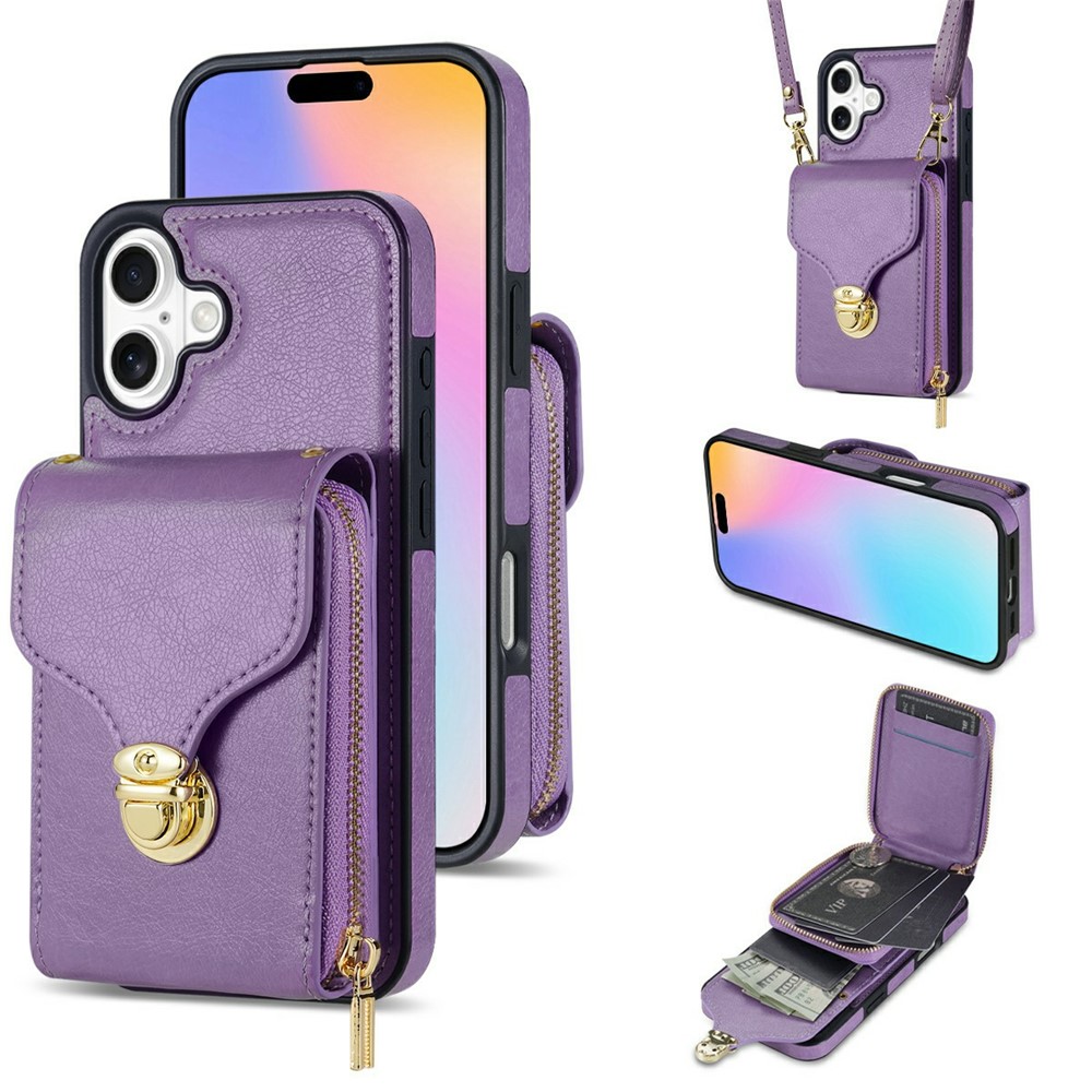For iPhone 17 Case Zipper Wallet Leather + TPU Phone Cover with Strap - Purple