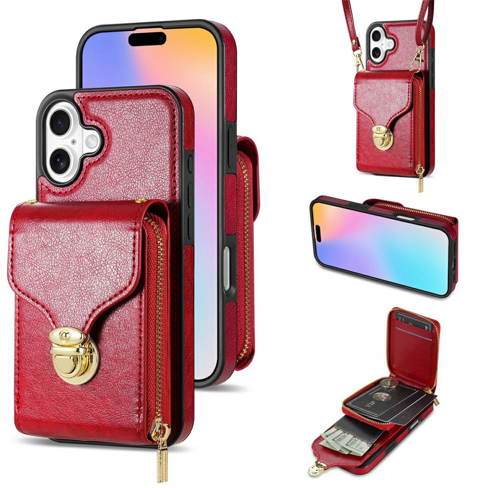 For iPhone 17 Case Zipper Wallet Leather + TPU Phone Cover with Strap - Red