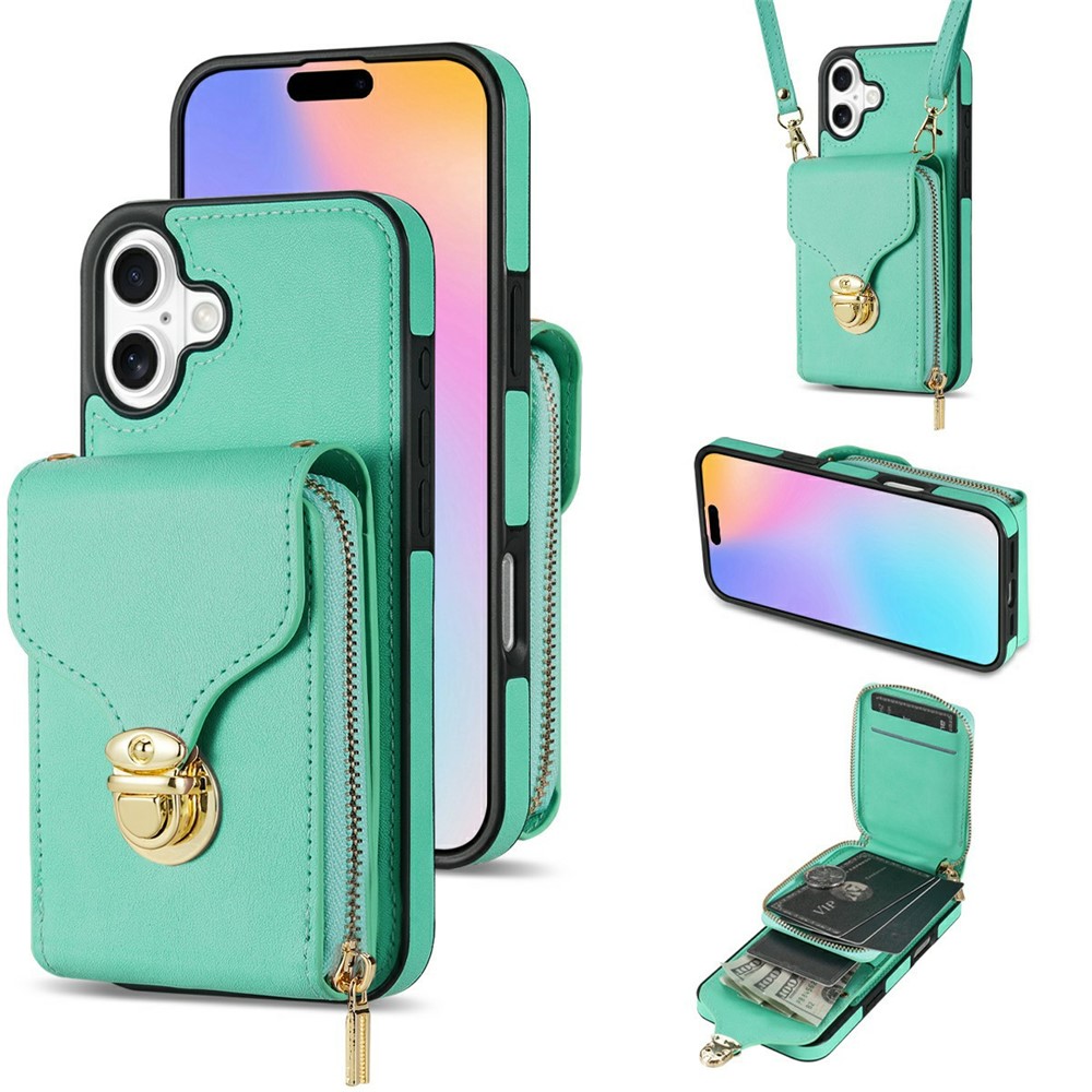 For iPhone 17 Case Zipper Wallet Leather + TPU Phone Cover with Strap - Mint Green