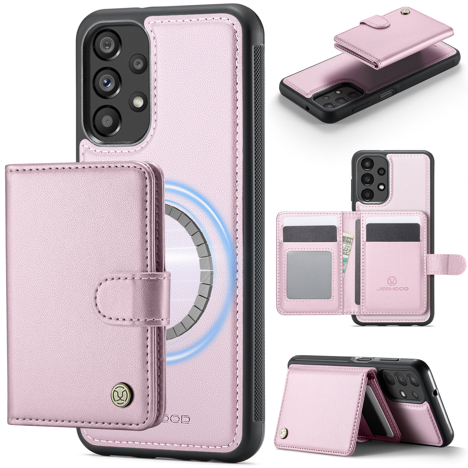 JEEHOOD For Samsung Galaxy A13 4G / Galaxy A04s 5G / Galaxy A13 5G Case J09 RFID Blocking Card Holder Leather Back Phone Cover Magnetic Case - Pink