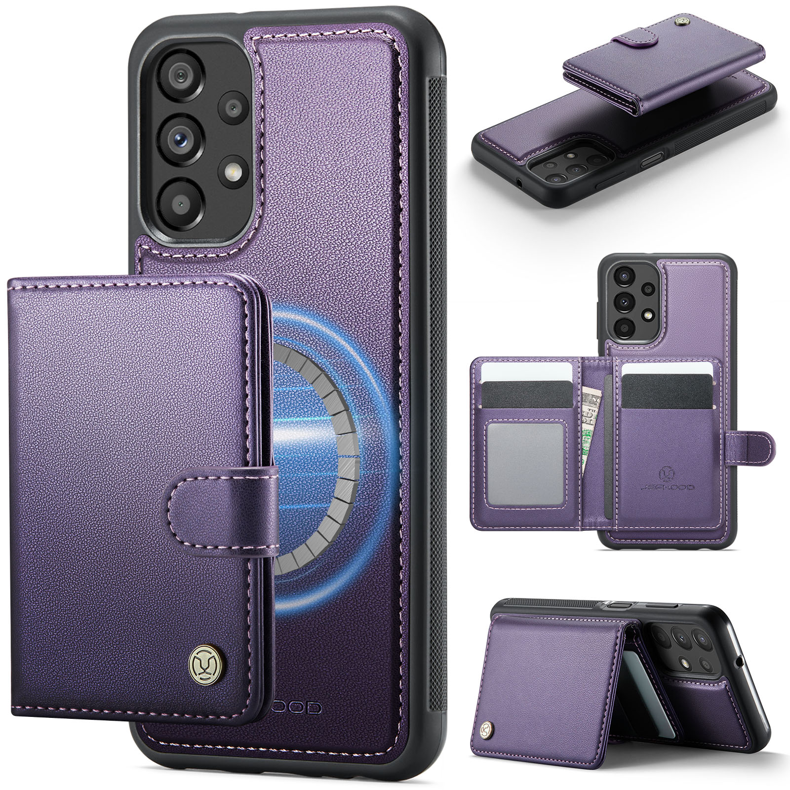JEEHOOD For Samsung Galaxy A13 4G / Galaxy A04s 5G / Galaxy A13 5G Case J09 RFID Blocking Card Holder Leather Back Phone Cover Magnetic Case - Purple