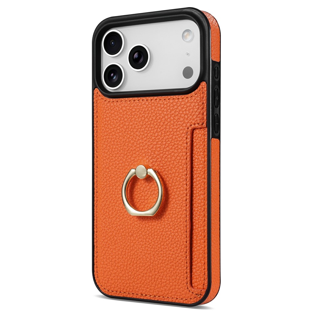 For iPhone 17 Pro Max Case Ring Kickstand PU + TPU Card Holder Phone Cover - Orange