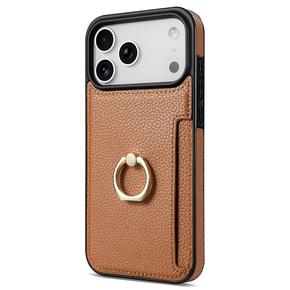 For iPhone 17 Pro Max Case Ring Kickstand PU + TPU Card Holder Phone Cover - Brown