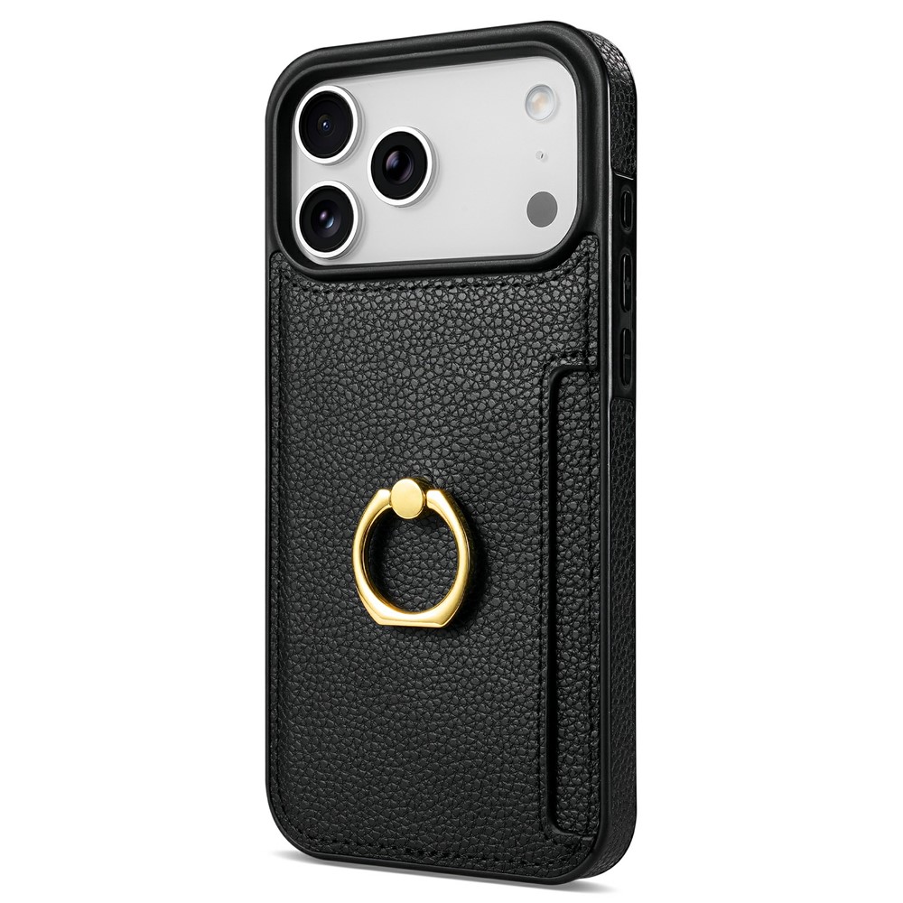 For iPhone 17 Pro Max Case Ring Kickstand PU + TPU Card Holder Phone Cover - Black