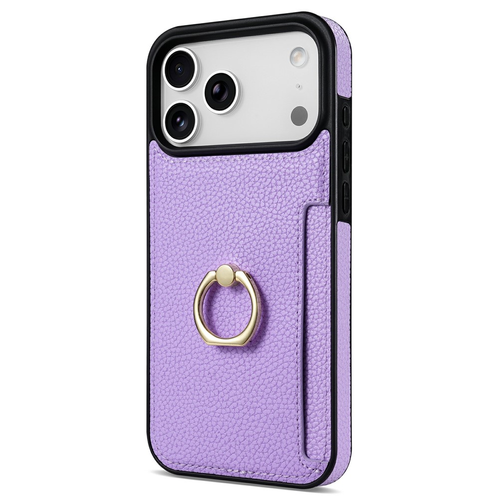 For iPhone 17 Pro Max Case Ring Kickstand PU + TPU Card Holder Phone Cover - Purple