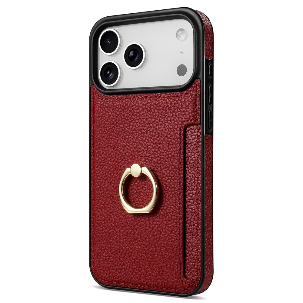 For iPhone 17 Pro Max Case Ring Kickstand PU + TPU Card Holder Phone Cover - Red
