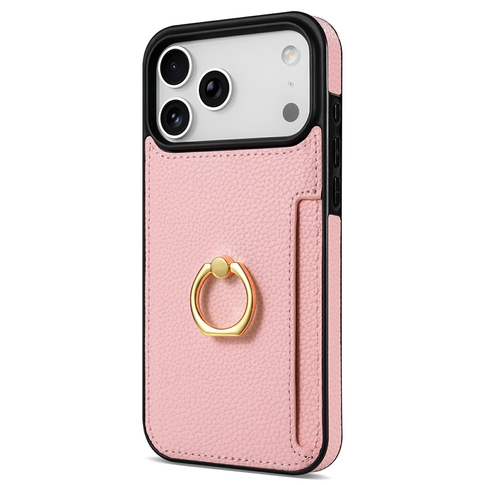 For iPhone 17 Pro Max Case Ring Kickstand PU + TPU Card Holder Phone Cover - Pink