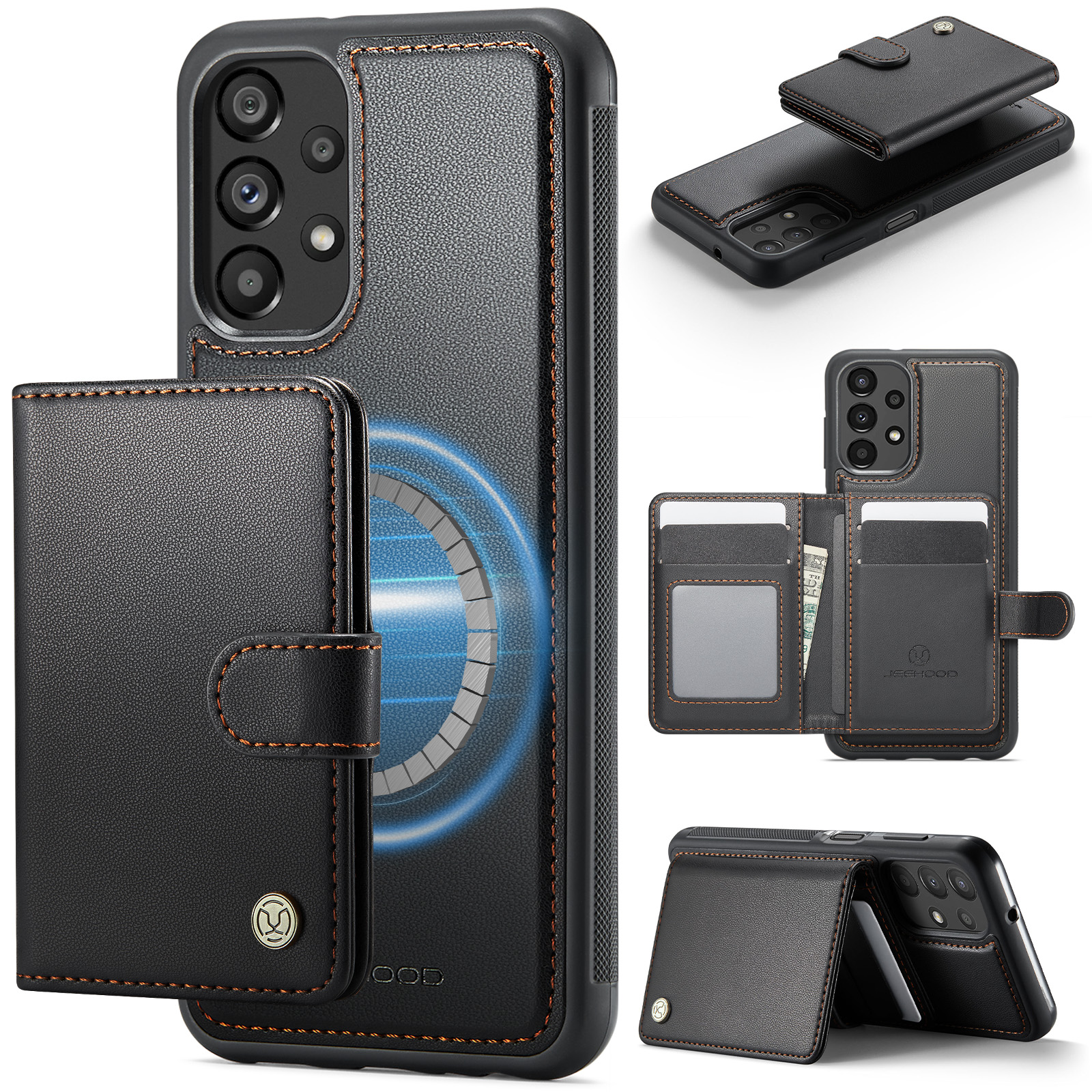 JEEHOOD For Samsung Galaxy A23 5G (Global) / Galaxy A23 4G Case J09 RFID Blocking Card Holder Leather Back Phone Cover Magnetic Case - Black