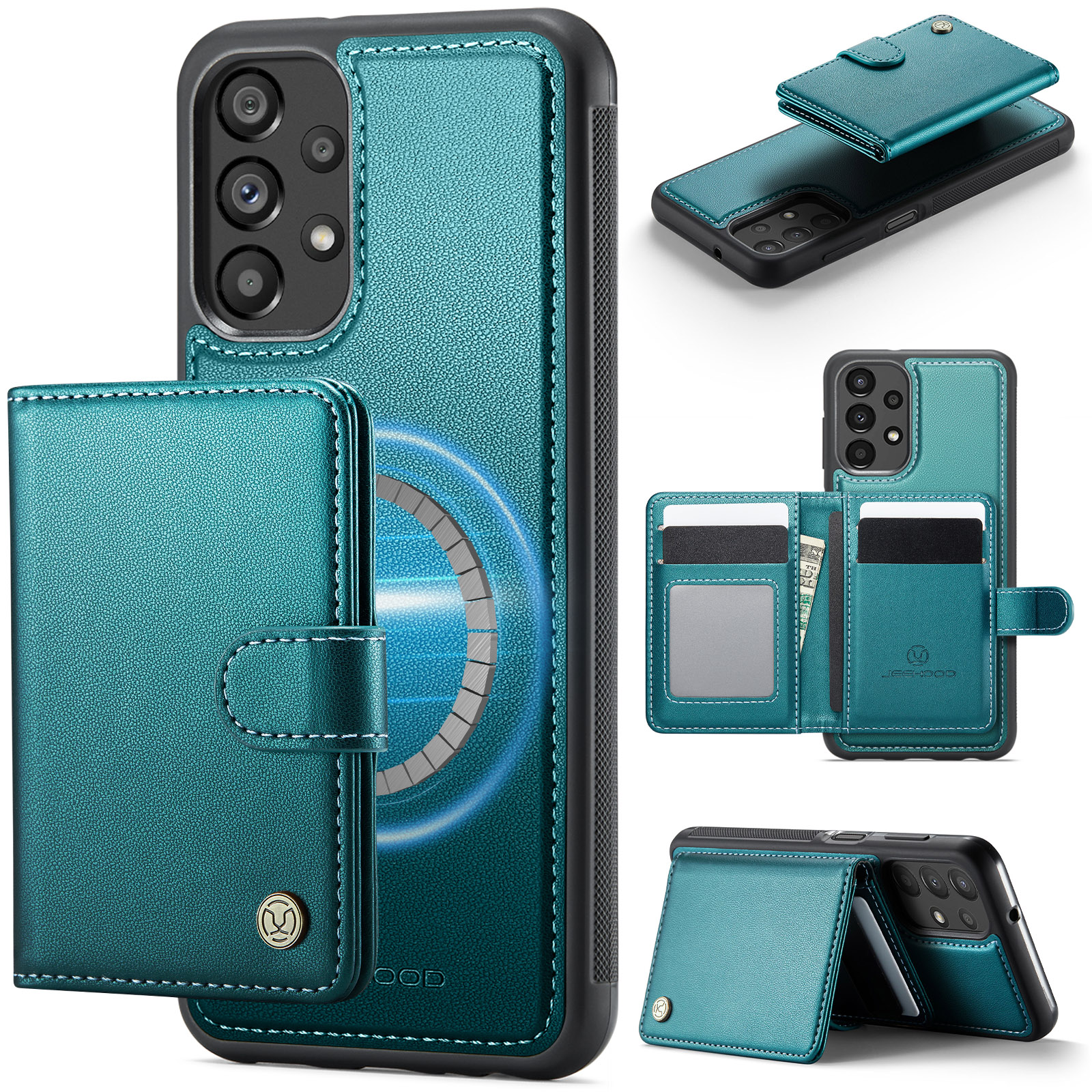 JEEHOOD For Samsung Galaxy A23 5G (Global) / Galaxy A23 4G Case J09 RFID Blocking Card Holder Leather Back Phone Cover Magnetic Case - Green