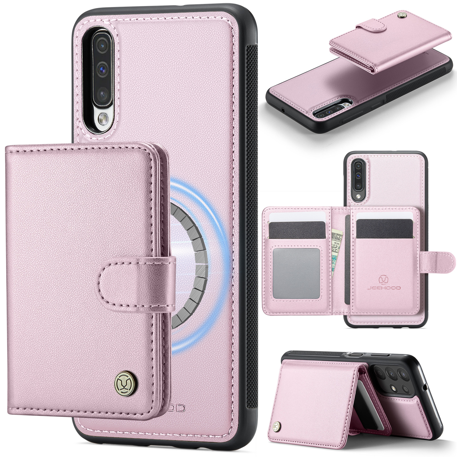 JEEHOOD For Samsung Galaxy A50 Case  J09 RFID Blocking Card Holder Leather Back Phone Cover Magnetic Case - Pink