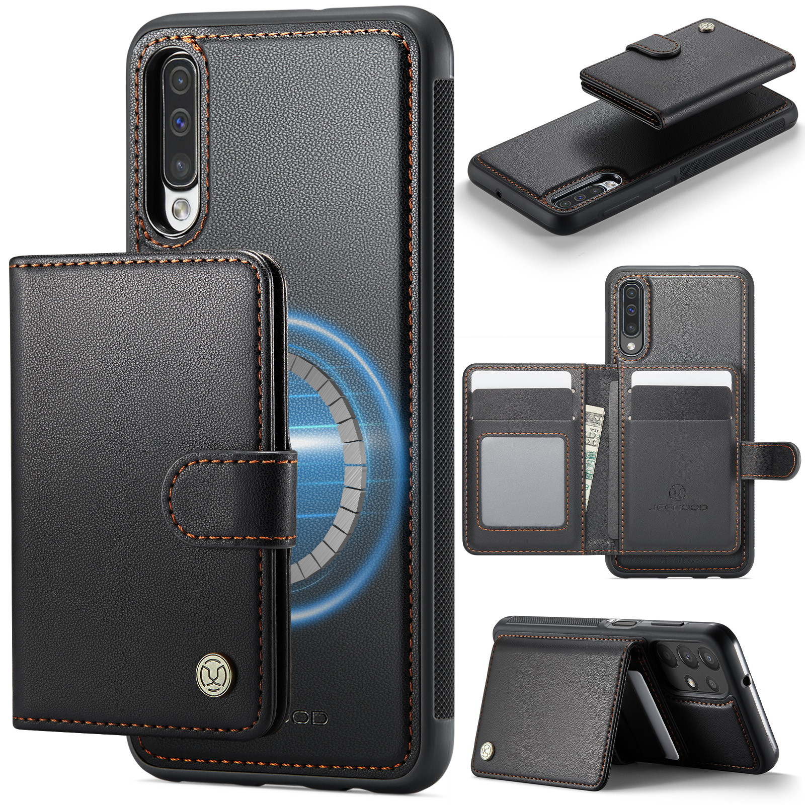 JEEHOOD For Samsung Galaxy A50 Case  J09 RFID Blocking Card Holder Leather Back Phone Cover Magnetic Case - Black