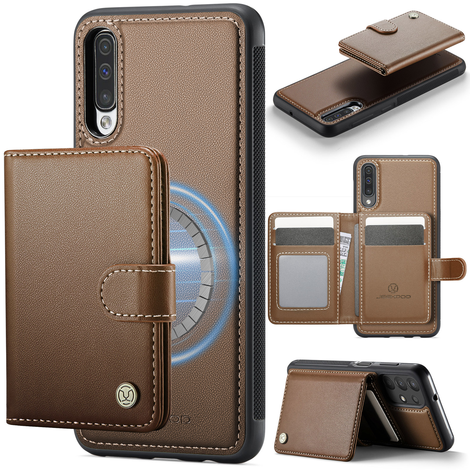 JEEHOOD For Samsung Galaxy A50 Case J09 RFID Blocking Card Holder Leather Back Phone Cover Magnetic Case - Brown