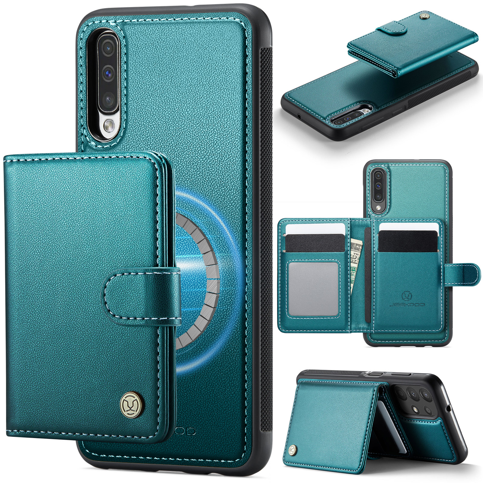 JEEHOOD For Samsung Galaxy A50 Case  J09 RFID Blocking Card Holder Leather Back Phone Cover Magnetic Case - Green