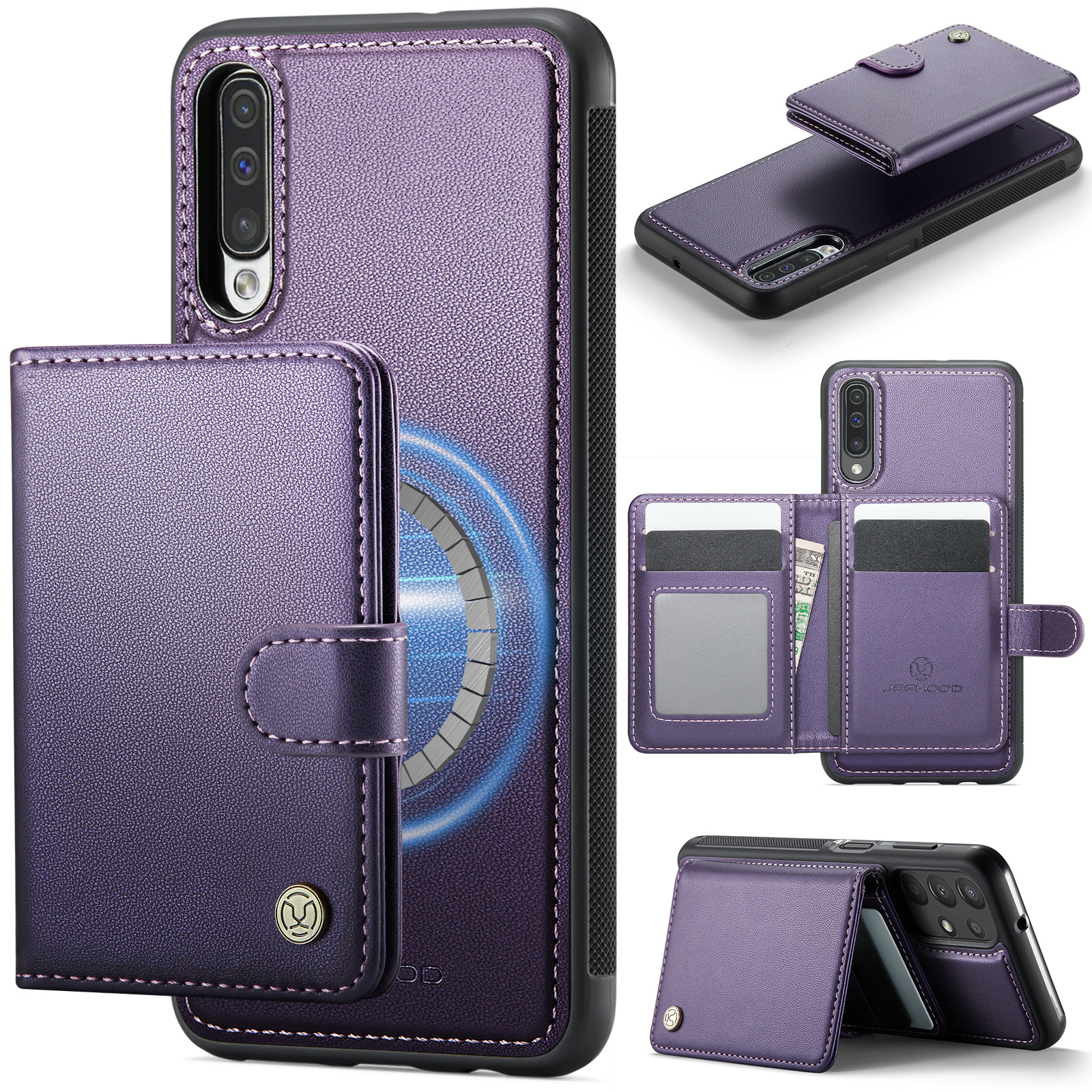 JEEHOOD For Samsung Galaxy A50 Case  J09 RFID Blocking Card Holder Leather Back Phone Cover Magnetic Case - Purple
