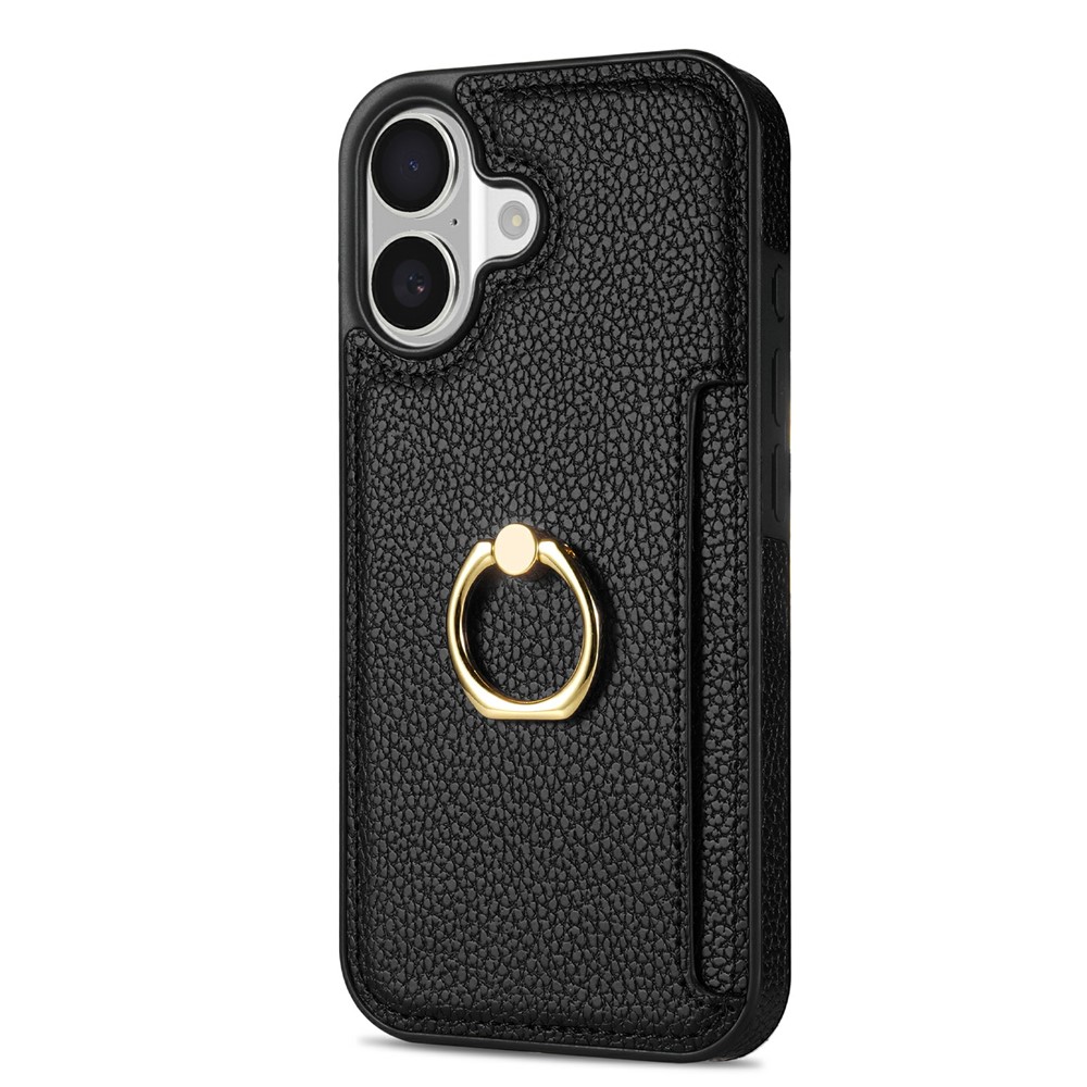 For iPhone 17 Case Ring Kickstand PU + TPU Card Holder Phone Cover - Black
