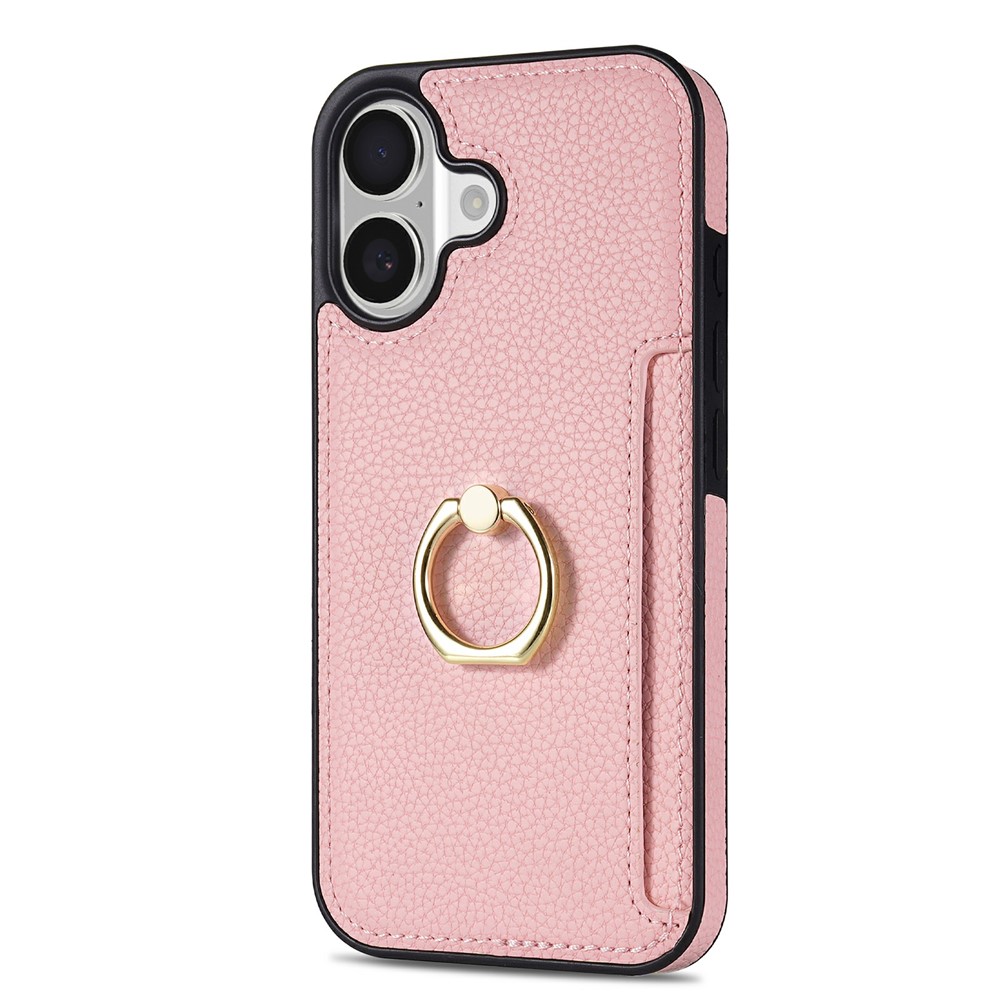 For iPhone 17 Case Ring Kickstand PU + TPU Card Holder Phone Cover - Pink