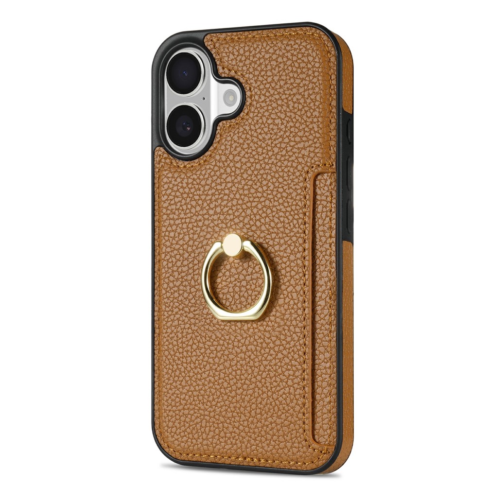 For iPhone 17 Case Ring Kickstand PU + TPU Card Holder Phone Cover - Brown