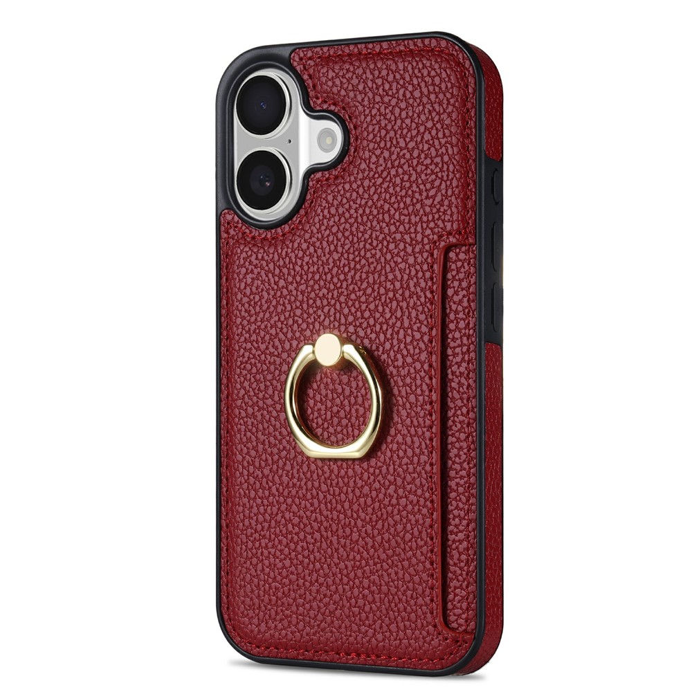 For iPhone 17 Case Ring Kickstand PU + TPU Card Holder Phone Cover - Red