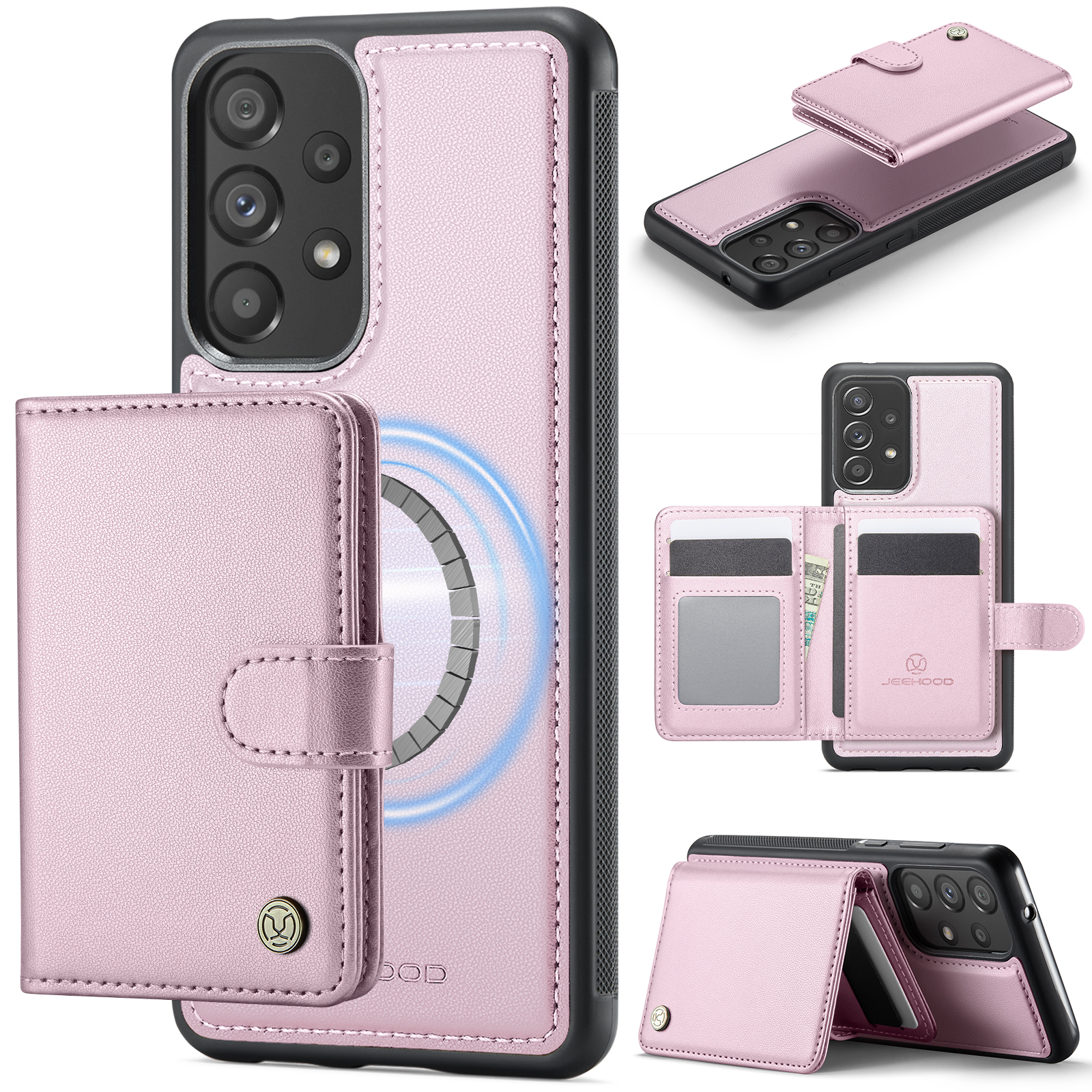 JEEHOOD For Samsung Galaxy A33 5G Case  J09 RFID Blocking Card Holder Leather Back Phone Cover Magnetic Case - Pink