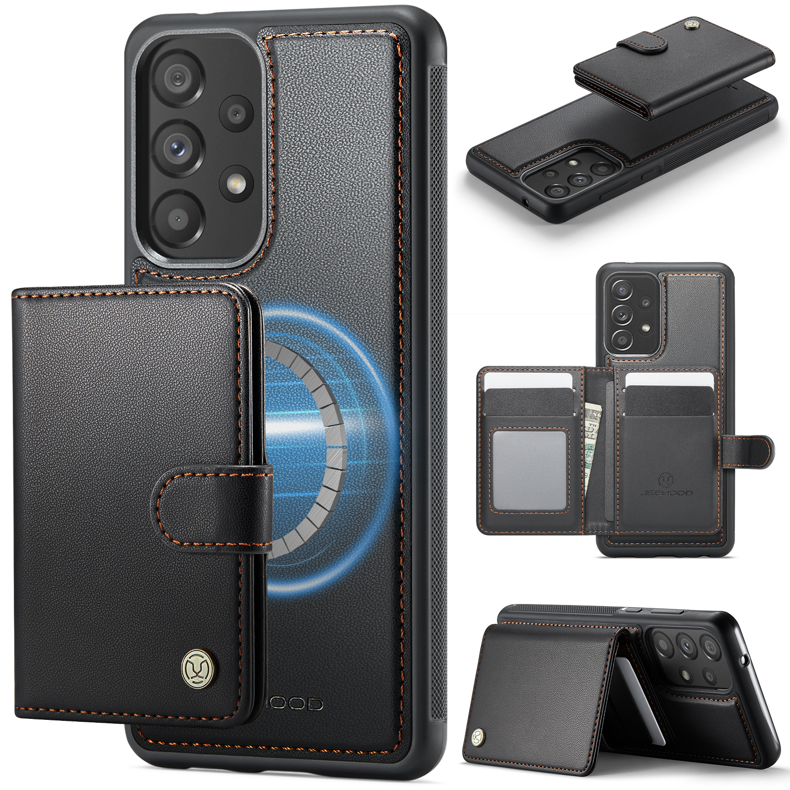 JEEHOOD For Samsung Galaxy A33 5G Case  J09 RFID Blocking Card Holder Leather Back Phone Cover Magnetic Case - Black