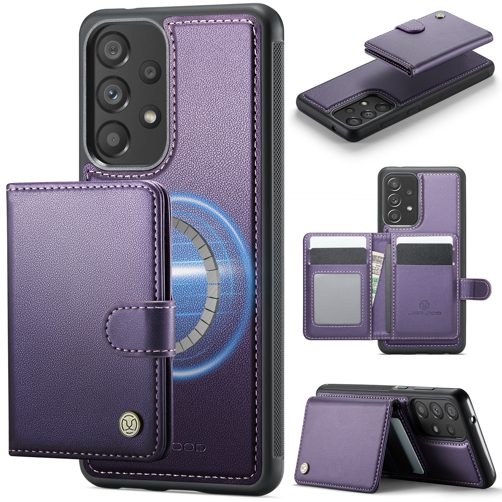 JEEHOOD For Samsung Galaxy A33 5G Case  J09 RFID Blocking Card Holder Leather Back Phone Cover Magnetic Case - Purple
