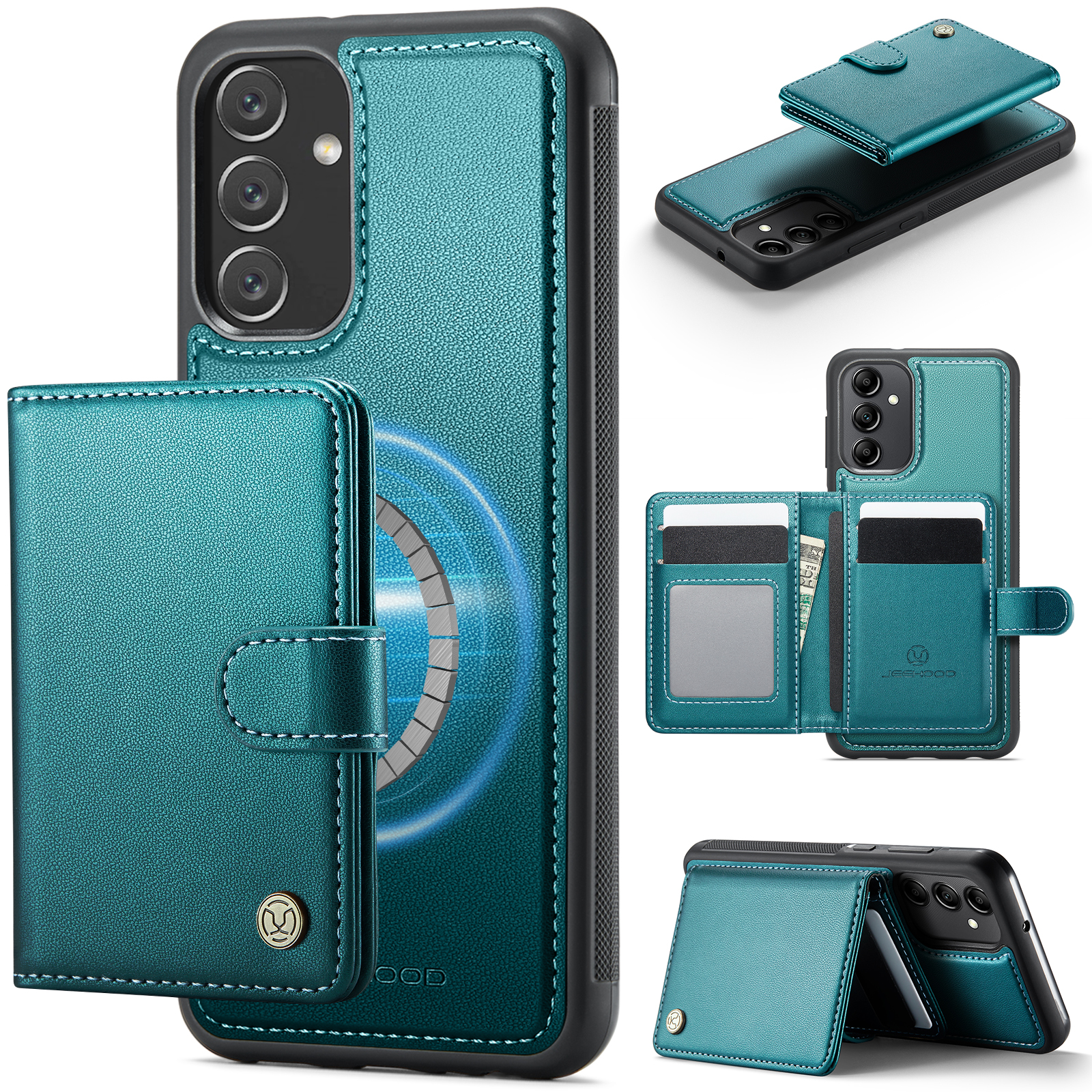 JEEHOOD For Samsung Galaxy A34 5G Case J09 RFID Blocking Card Holder Leather Back Phone Cover Magnetic Case - Green