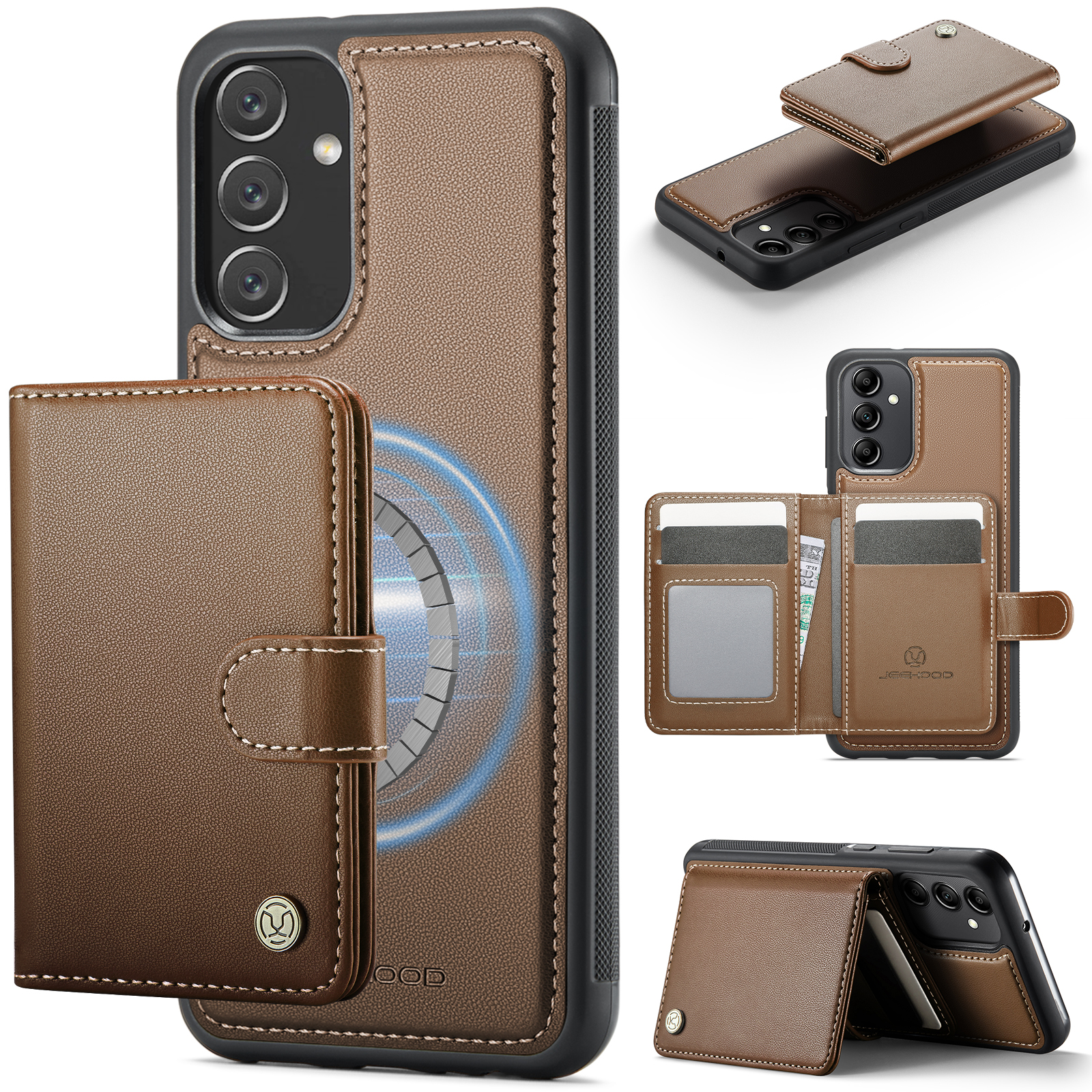 JEEHOOD For Samsung Galaxy A34 5G Case  J09 RFID Blocking Card Holder Leather Back Phone Cover Magnetic Case - Brown
