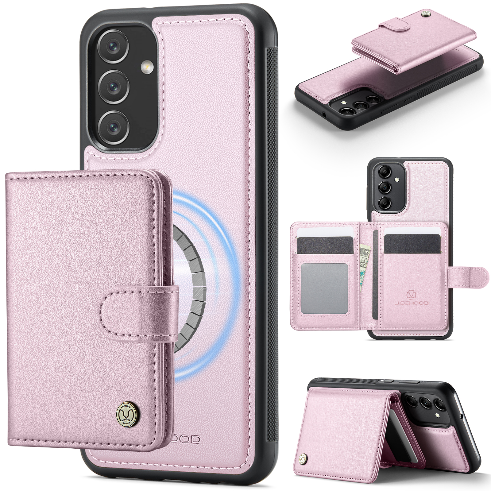 JEEHOOD For Samsung Galaxy A34 5G Case  J09 RFID Blocking Card Holder Leather Back Phone Cover Magnetic Case - Pink