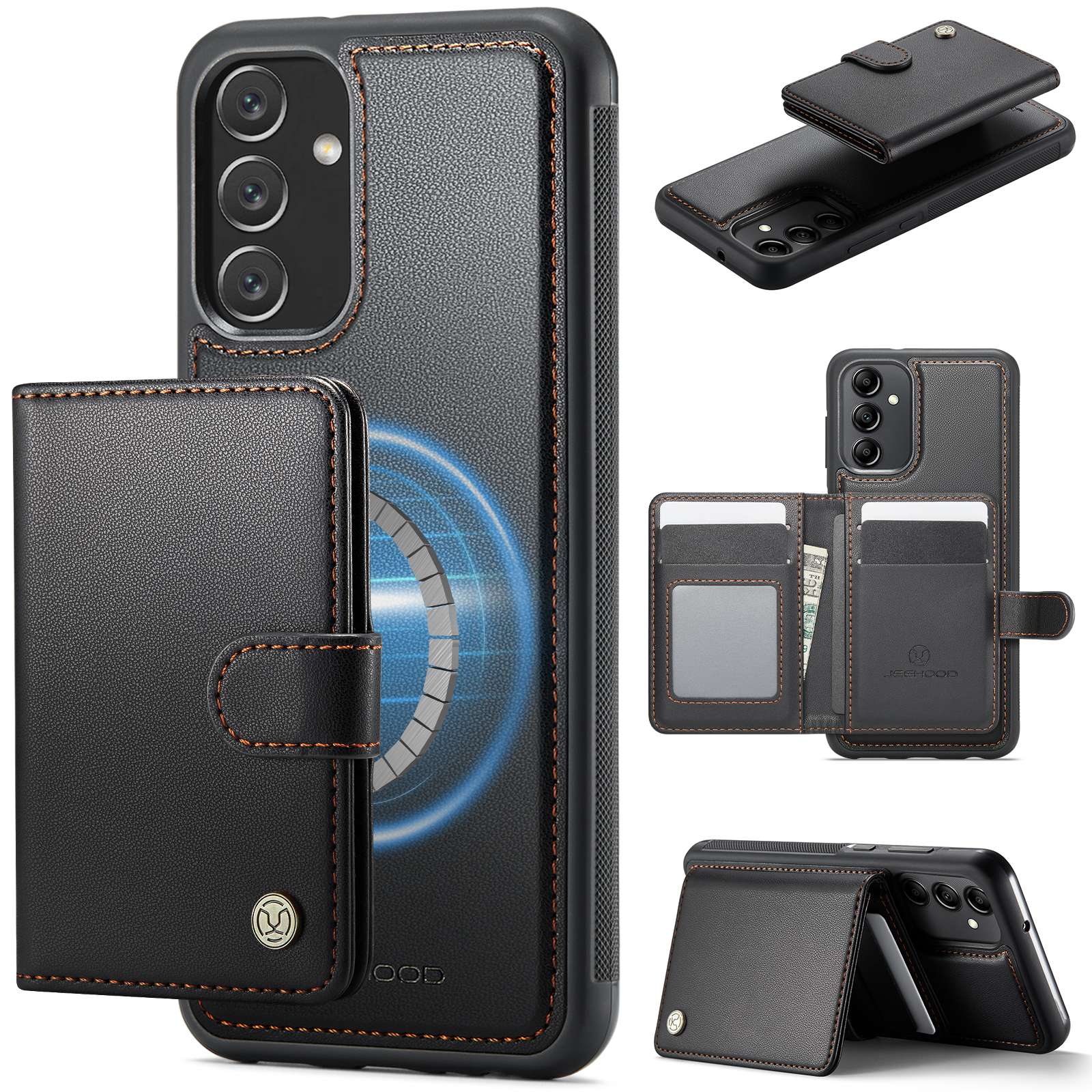 JEEHOOD For Samsung Galaxy A34 5G Case J09 RFID Blocking Card Holder Leather Back Phone Cover Magnetic Case - Black