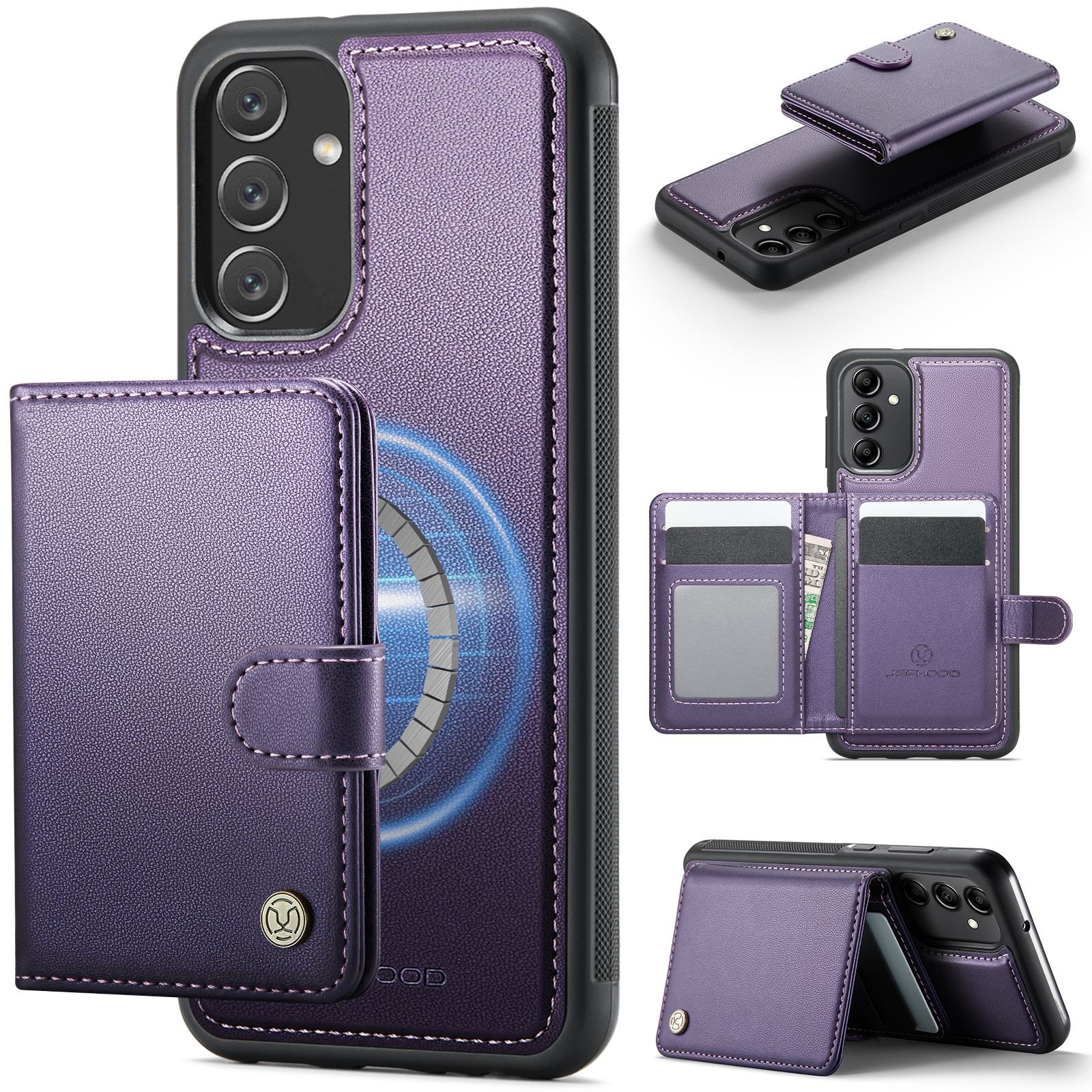 JEEHOOD For Samsung Galaxy A34 5G Case  J09 RFID Blocking Card Holder Leather Back Phone Cover Magnetic Case - Purple
